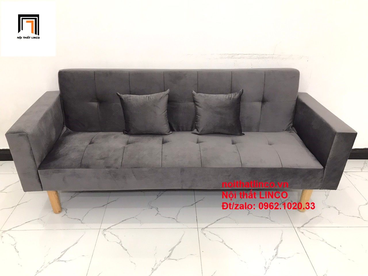 Bộ ghế sofa băng giường nằm dài 2m xám lông chuột vải nhung