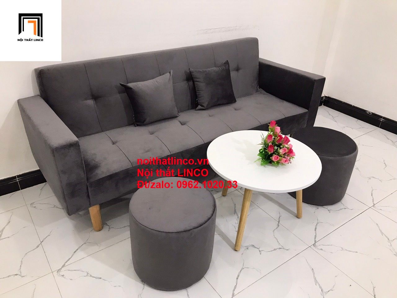 Bộ ghế sofa băng giường nằm dài 2m xám lông chuột vải nhung