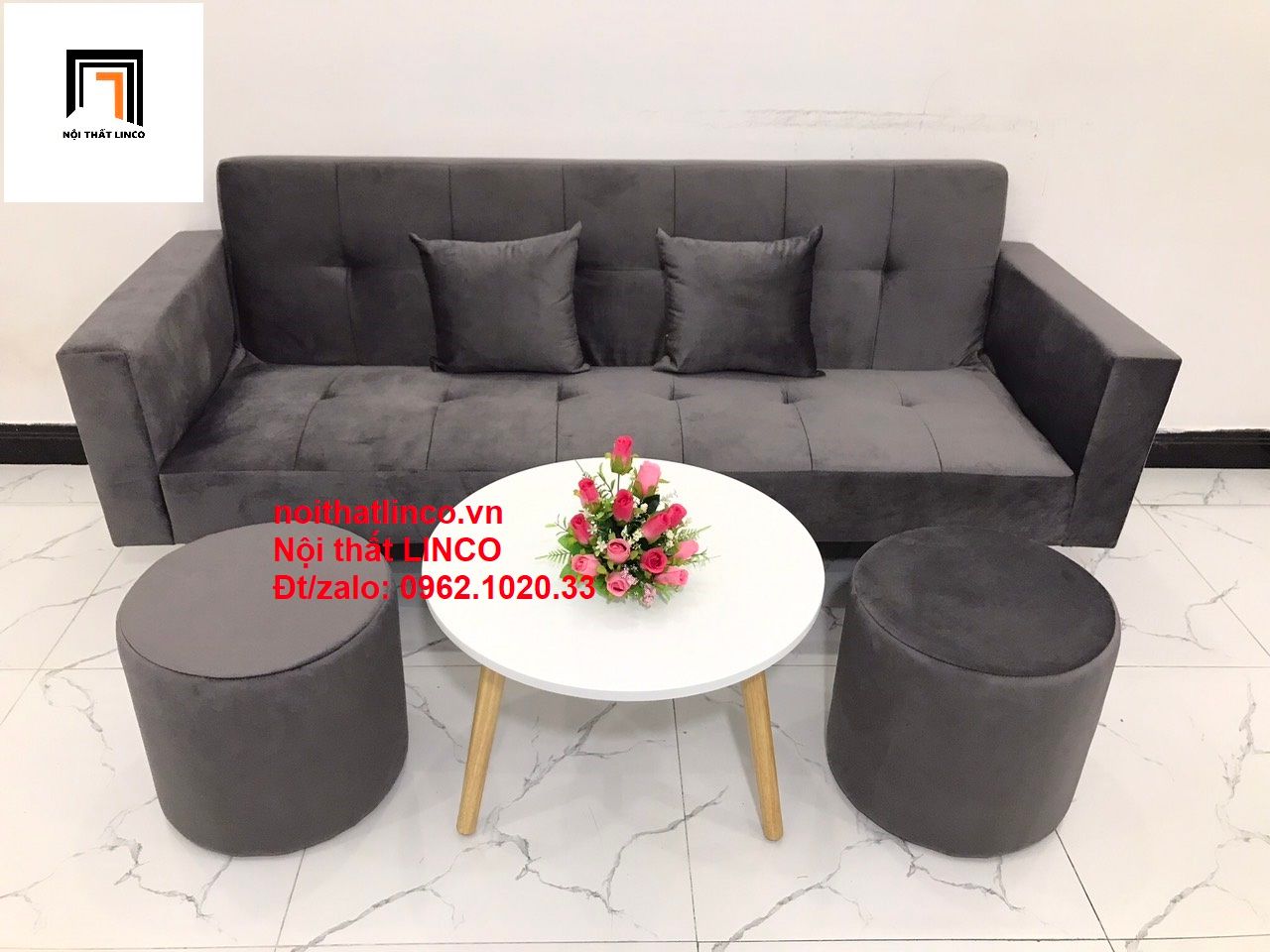 Bộ ghế sofa băng giường nằm dài 2m xám lông chuột vải nhung
