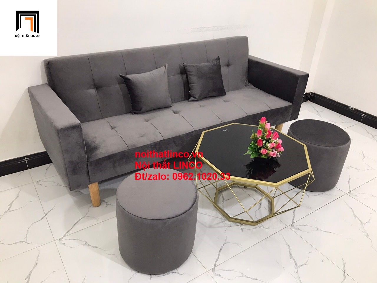 Bộ ghế sofa băng giường nằm dài 2m xám lông chuột vải nhung