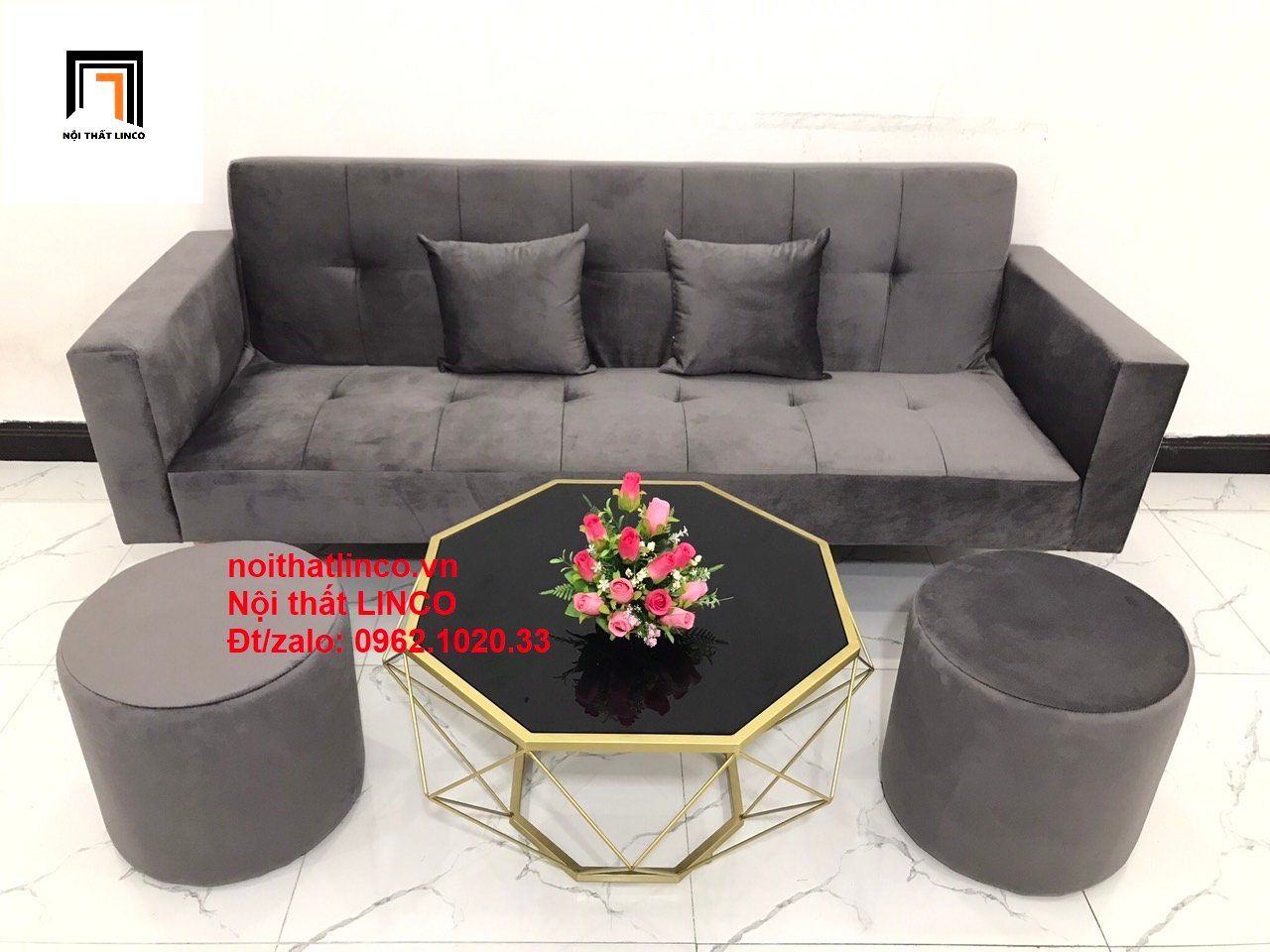 Bộ ghế sofa băng giường nằm dài 2m xám lông chuột vải nhung