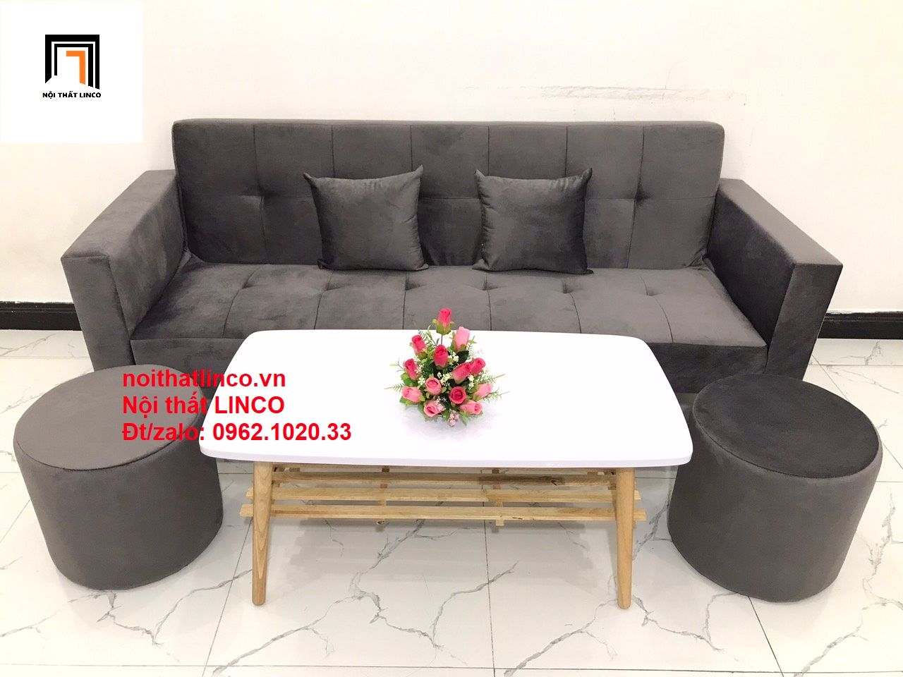 Bộ ghế sofa băng giường nằm dài 2m xám lông chuột vải nhung