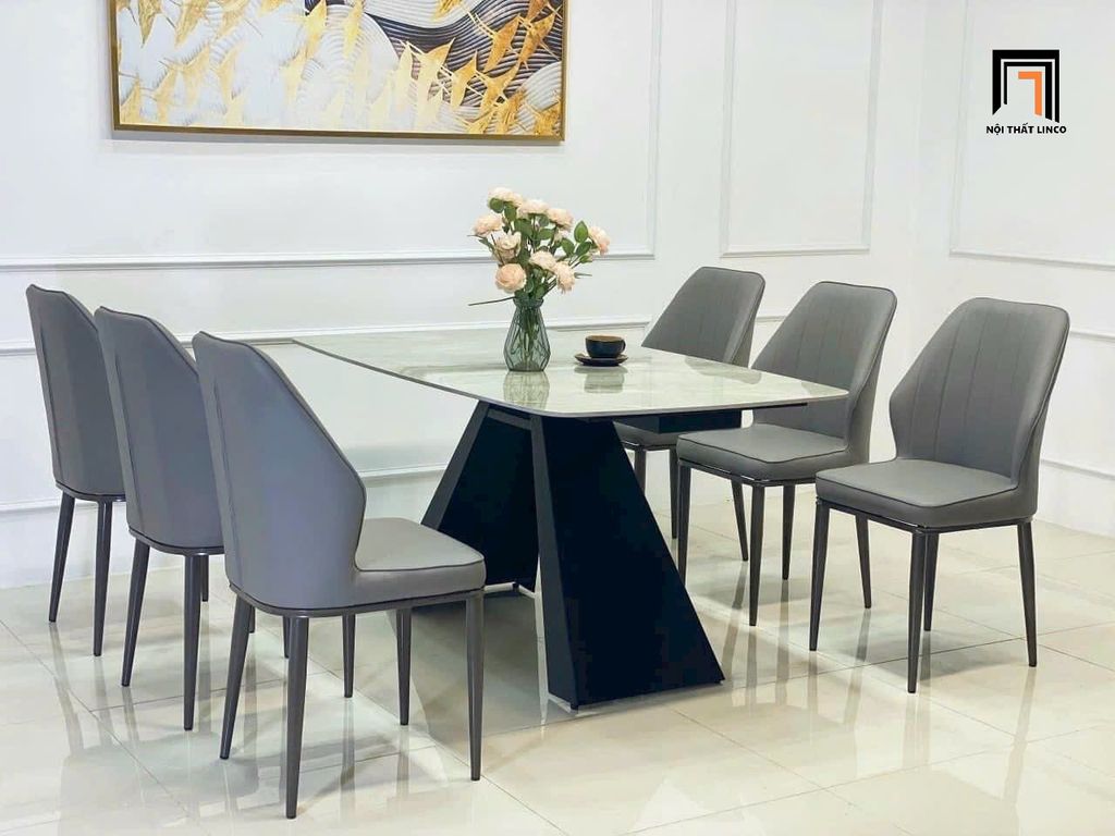 Bộ bàn ăn 6 ghế da giả xám 56-BAD6-G44-B5 mặt đá ceramic