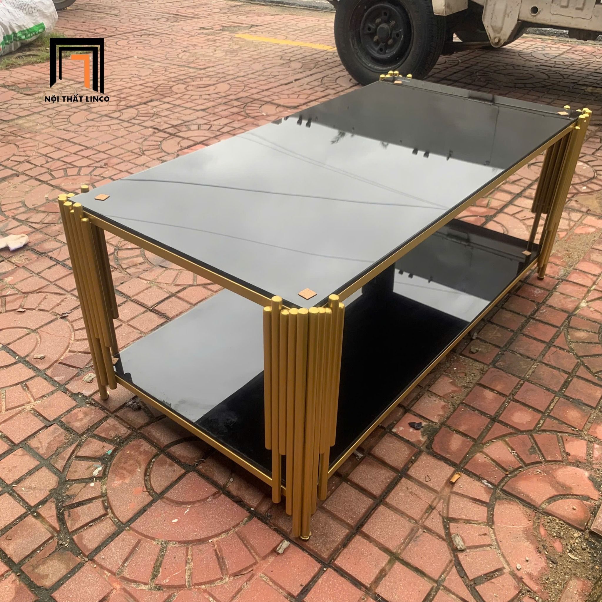 Bàn trà chữ nhật giá rẻ BTPK16 Akoka 1m x 50 kính đen 2 tầng
