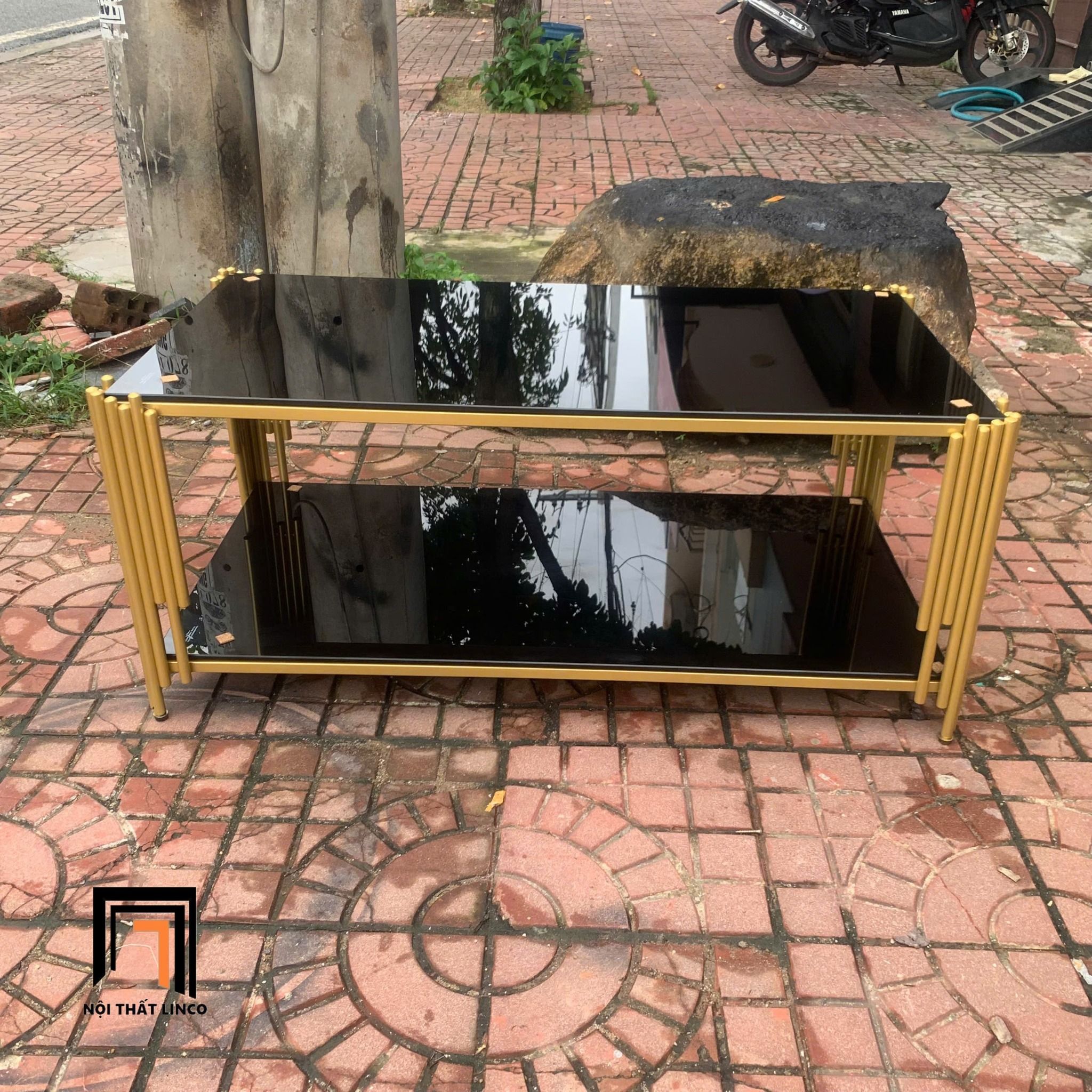 Bàn trà chữ nhật giá rẻ BTPK16 Akoka 1m x 50 kính đen 2 tầng