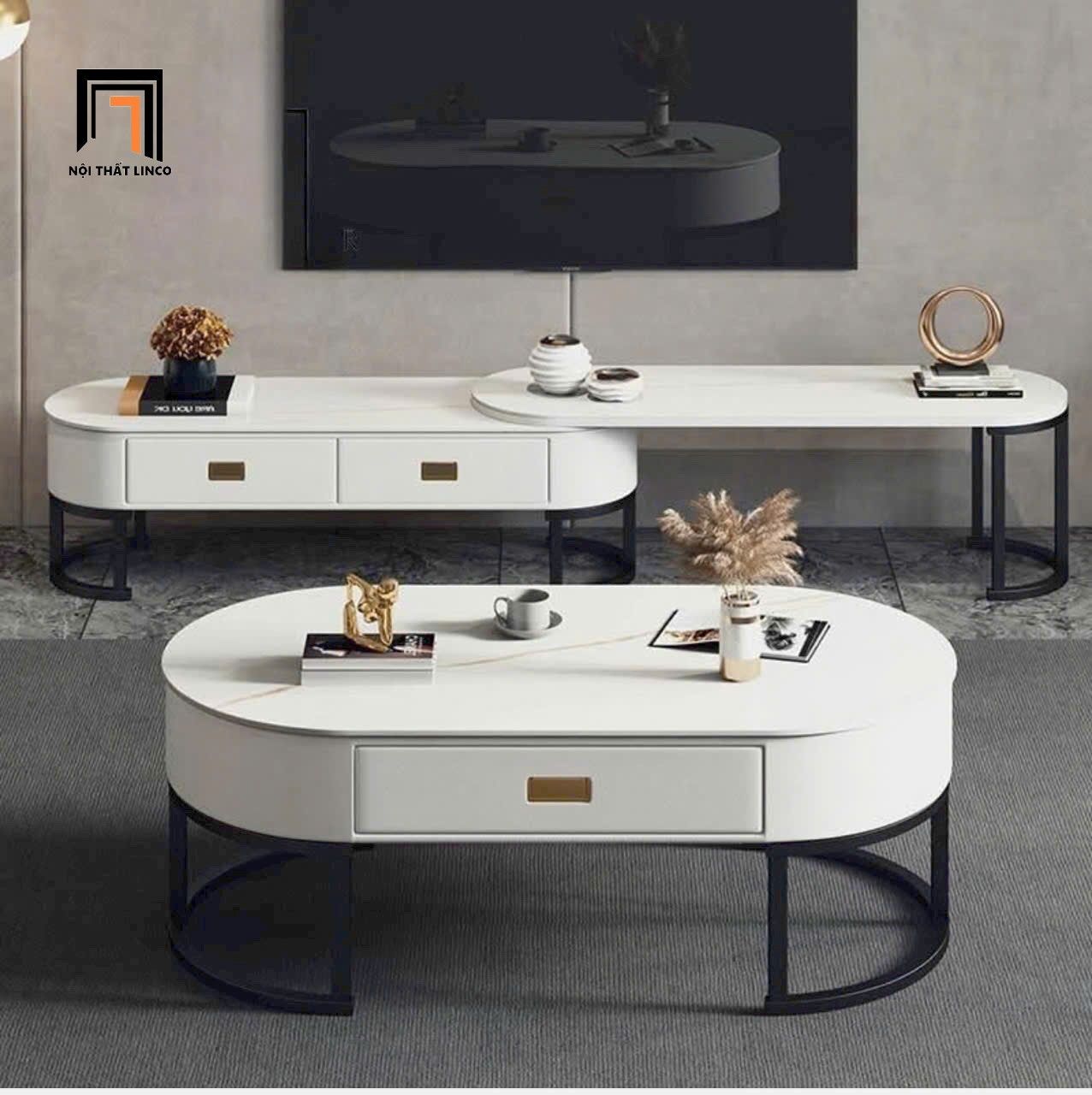 Bàn sofa mặt đá oval cao cấp BTPK47 Solise hộc ván gỗ trắng