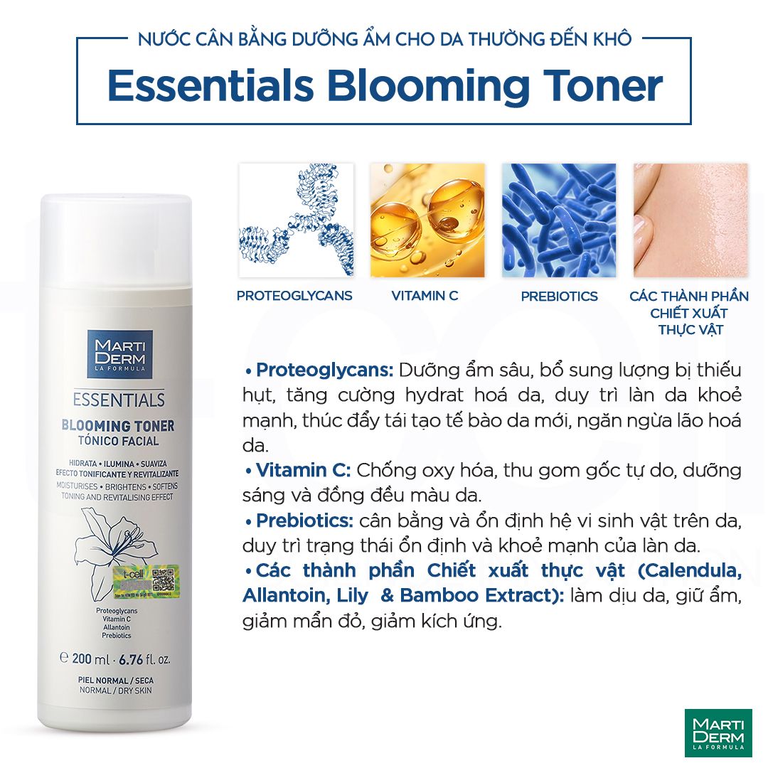 Nước Cân Bằng Dưỡng Ẩm Cho Da Thường Đến Khô - MartiDerm Essentials Blooming Toner (200ml)