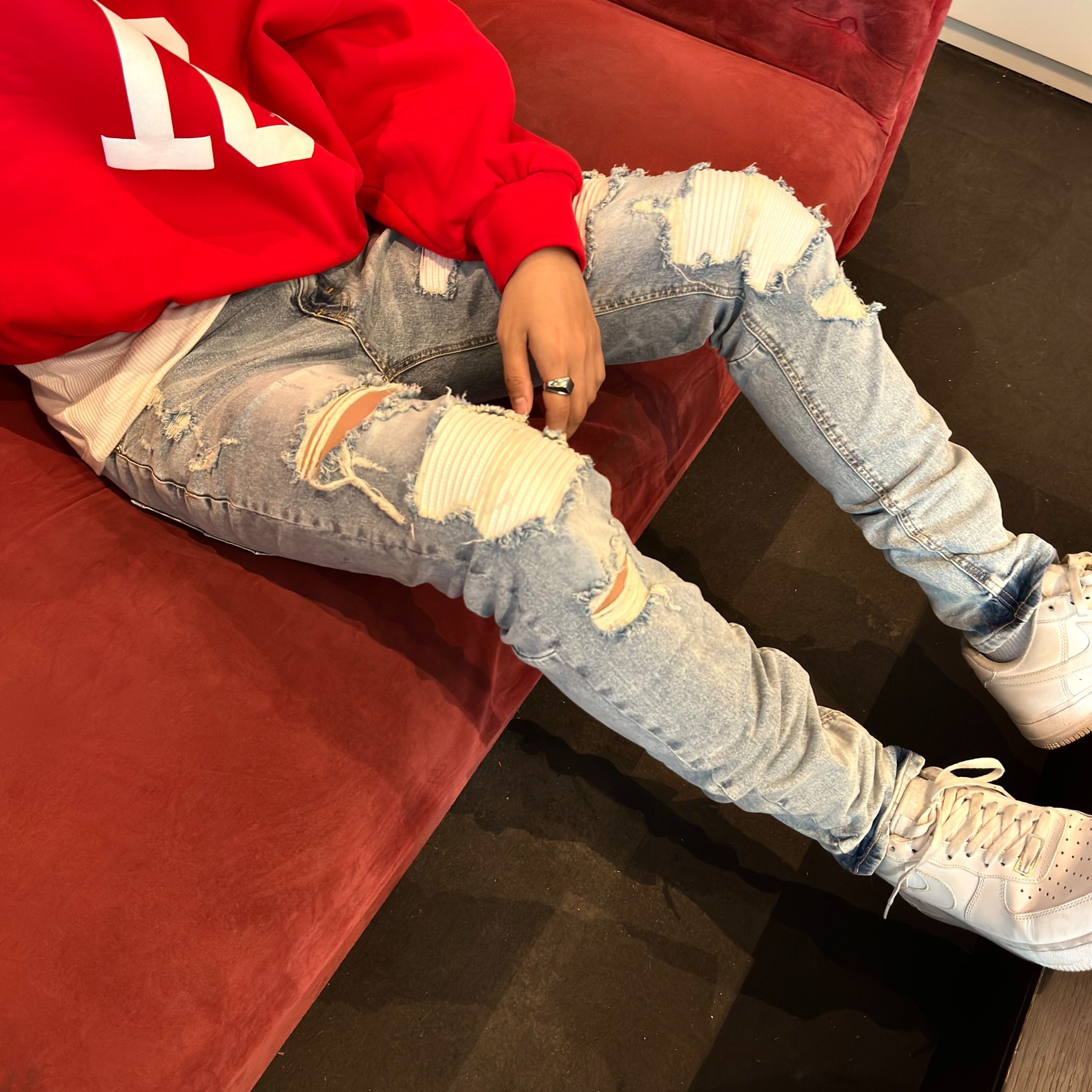 NZ56 - WHITE PANELS BIKER DENIM - LIGHT BLUE