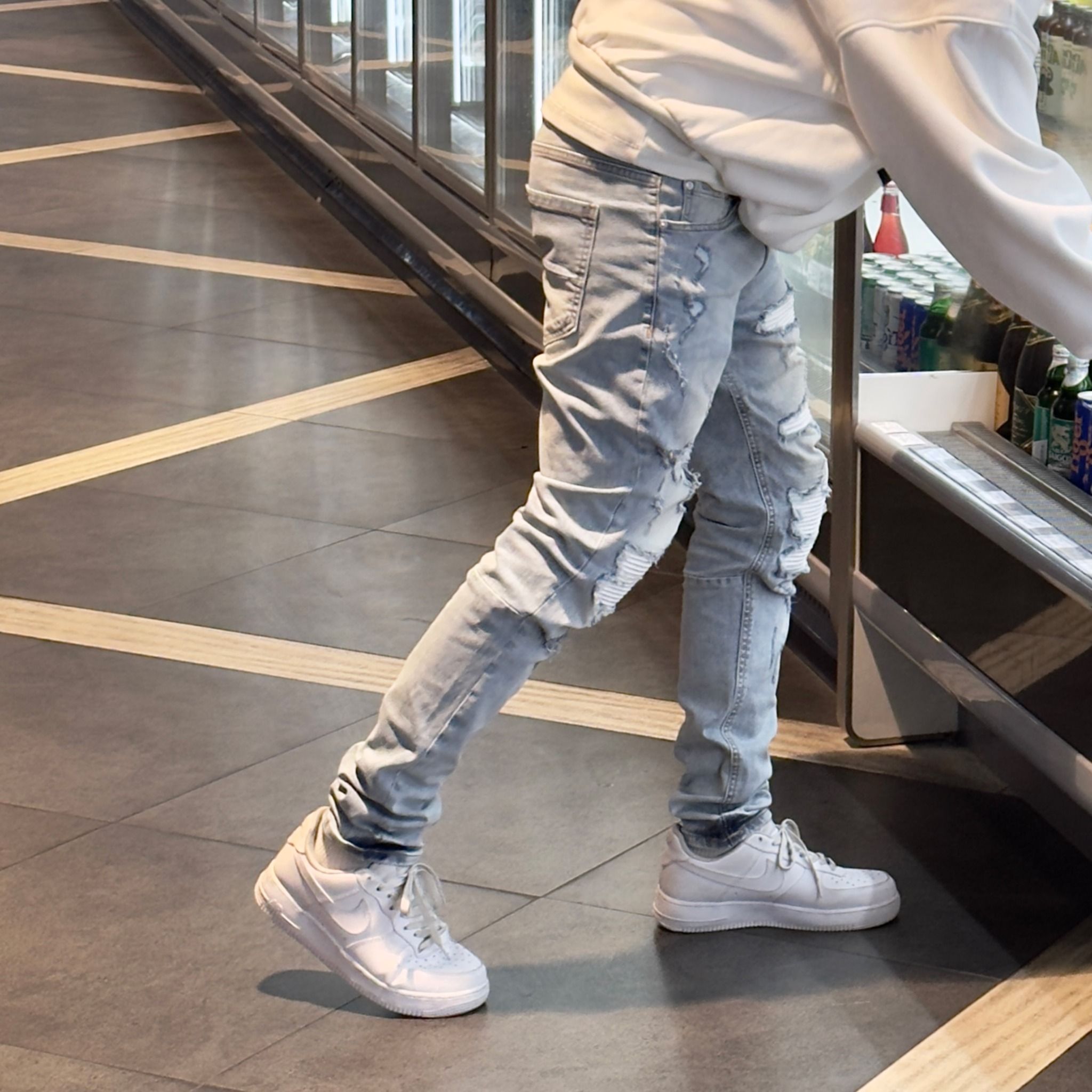 NZ56 - WHITE PANELS BIKER DENIM - LIGHT BLUE