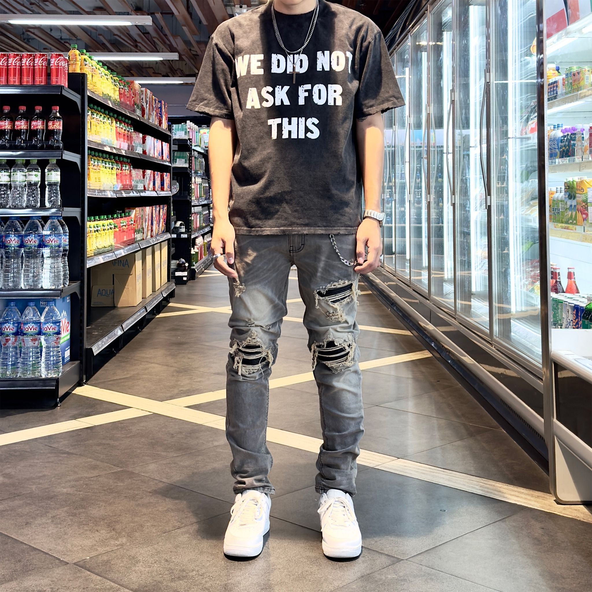 NZ54 - BLACK PANELS BIKER DENIM - WASHED GREY