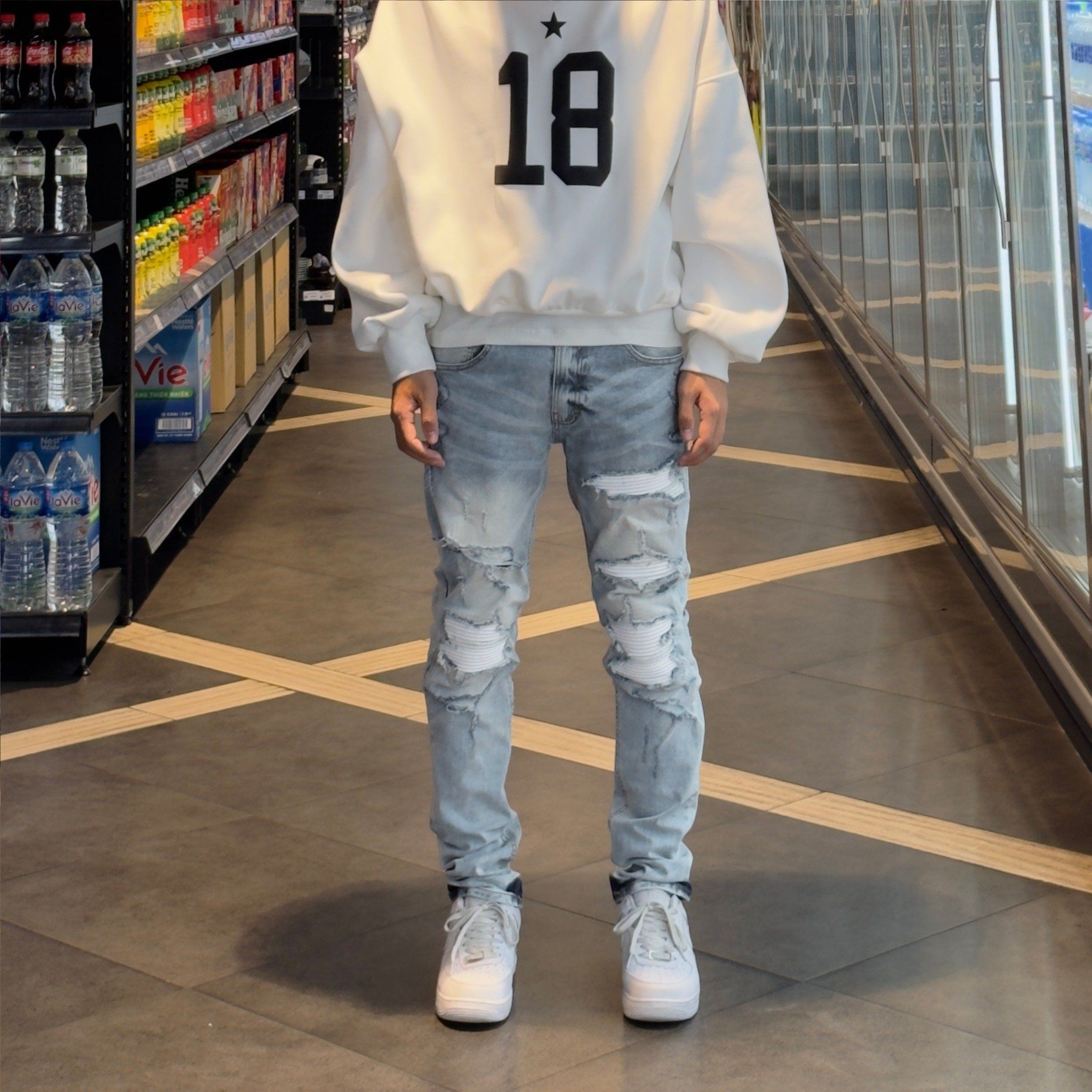 NZ56 - WHITE PANELS BIKER DENIM - LIGHT BLUE