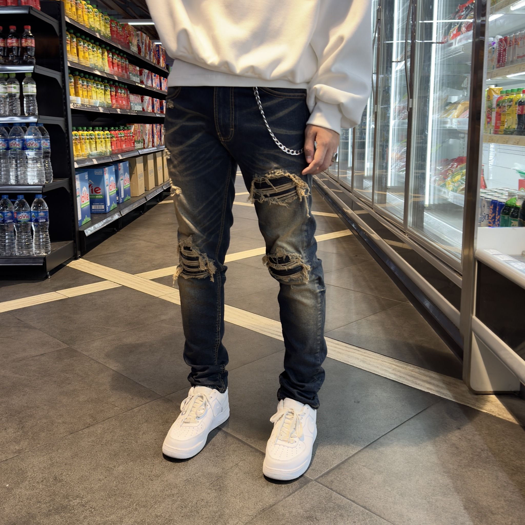 NZ55 - RIBBED PANELS BIKER DENIM - MID INDIGO