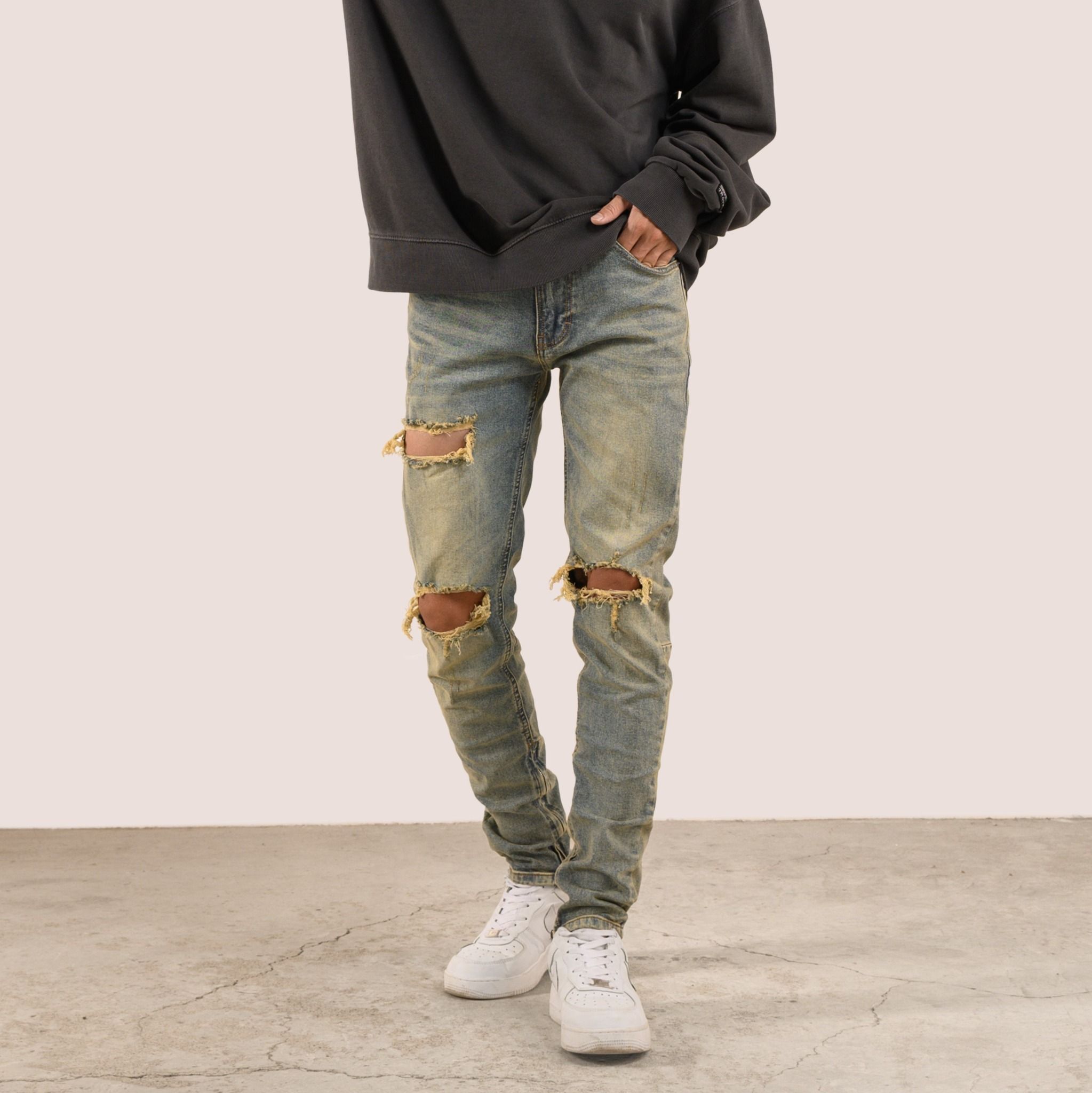 Z8 - RIPPED ZIPPER JEANS - VINTAGE BLUE