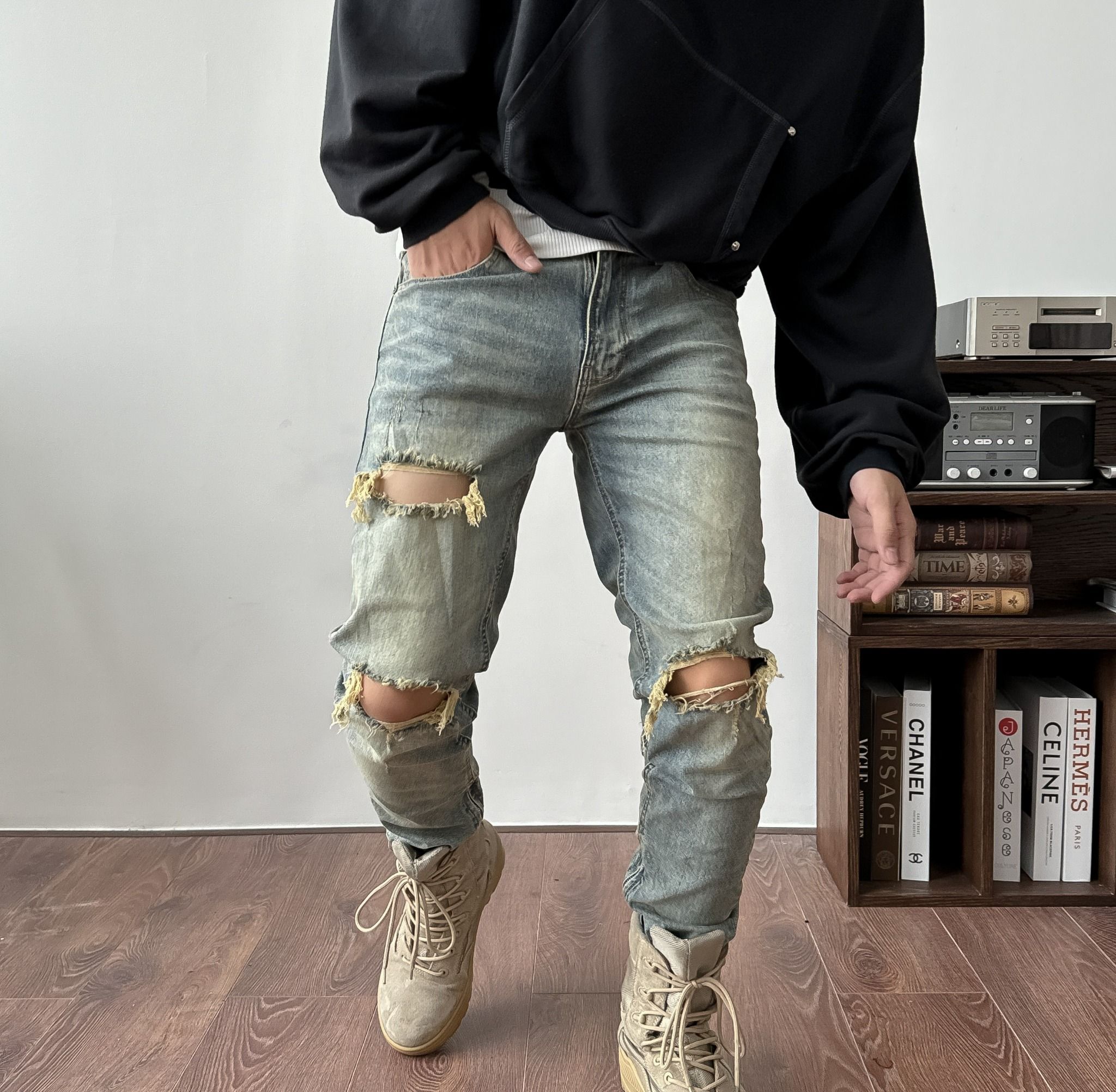Z8 - RIPPED ZIPPER JEANS - VINTAGE BLUE