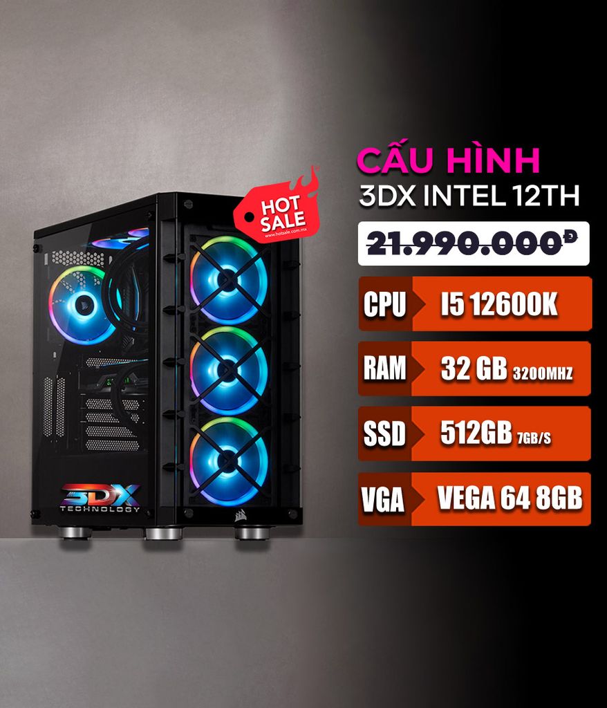 Bộ máy 3DX Intel 10 core - i5 12600K - AMD RX Vega 64 8GB- B760M Chipset - 512GB SSD NVMe - 32GB RAM - Windows 11 Gaming Desktop PC