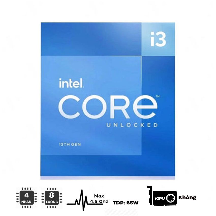 CPU INTEL CORE I3 13100F (UP TO 4.5GHZ, 4 NHÂN 8 LUỒNG, 12MB CACHE, 65W) - SOCKET INTEL LGA 1700/RAPTOR LAKE)