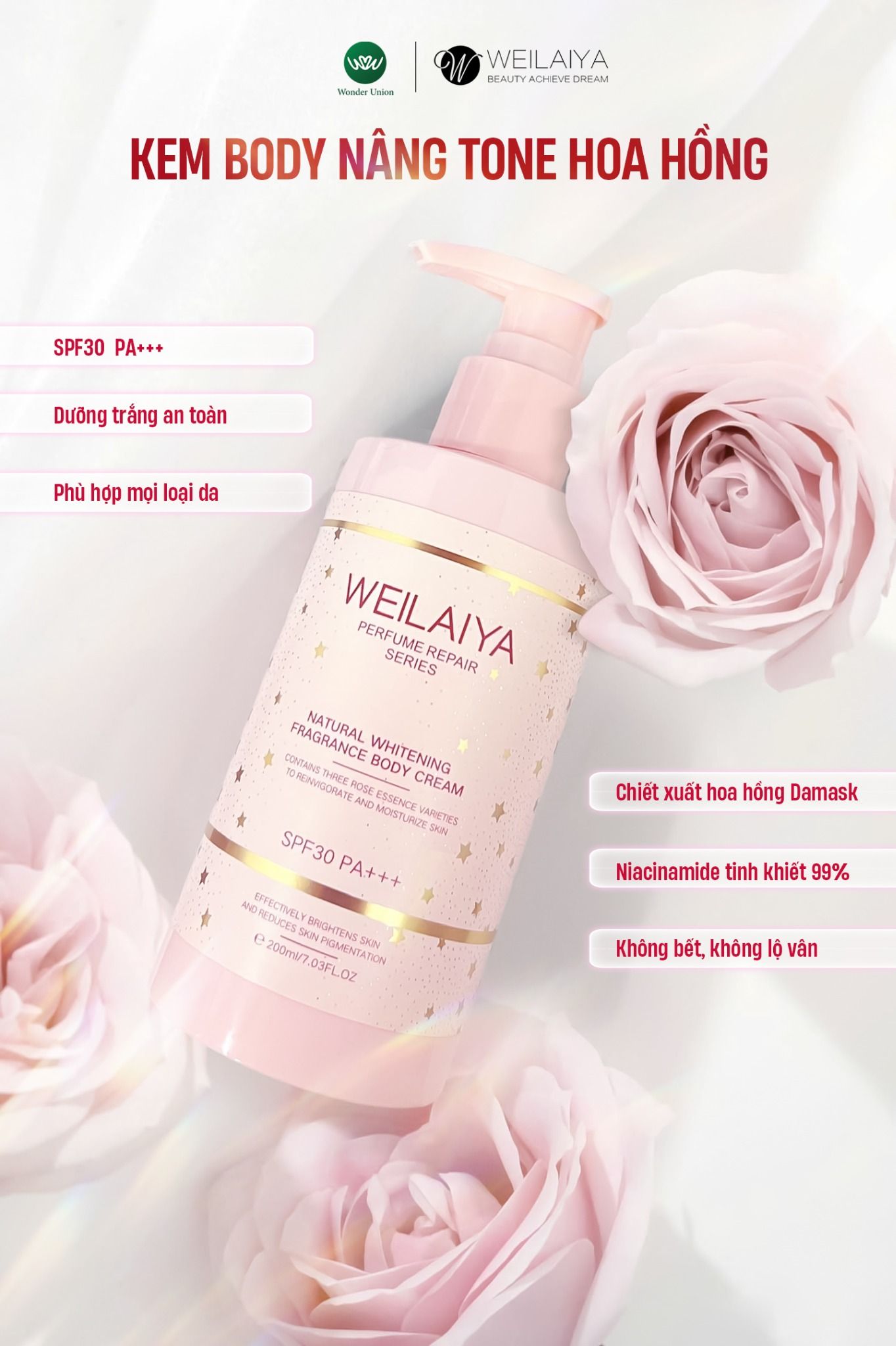 Kem body nâng tone hoa hồng Weilaiya 200ml