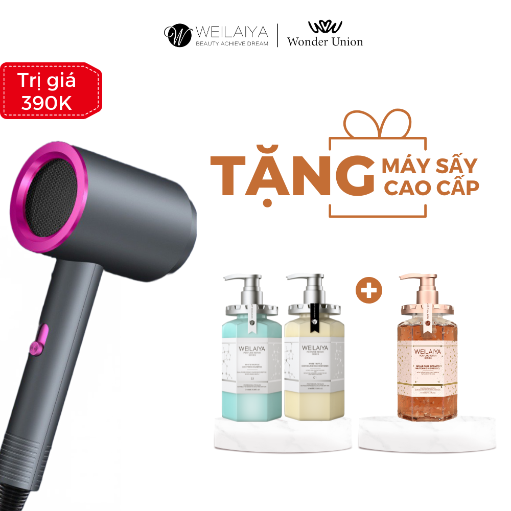  [TẶNG MÁY SẤY] Combo 1 cặp dầu gội Nấm Truffle Weilaiya 450ml + 1 chai sữa tắm cánh hoa hồng Damask 450ml 