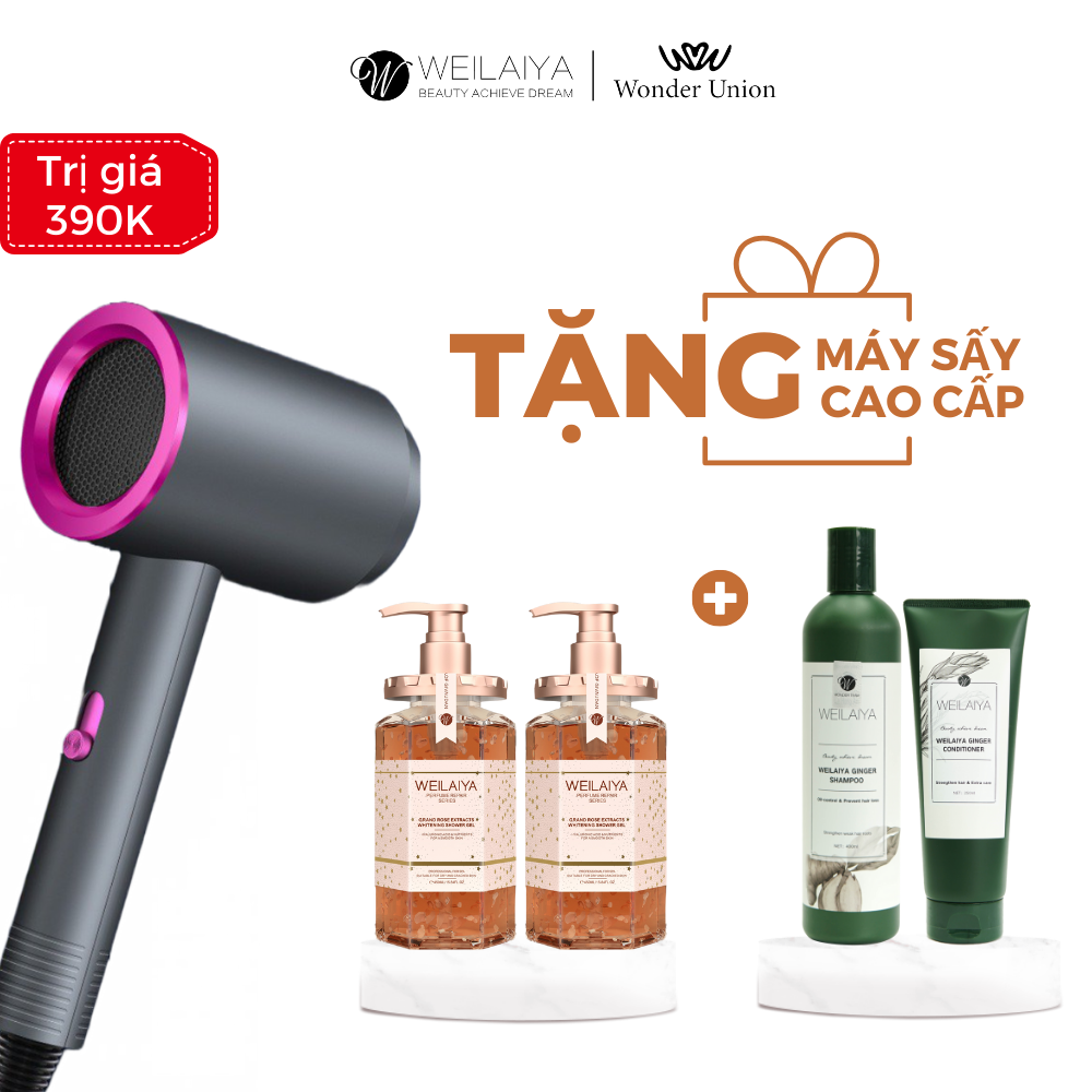  [TẶNG MÁY SẤY] Combo 2 chai sữa tắm cánh hoa hồng Damask 450mlx2 + 1 cặp gội xả gừng trắng ngăn rụng tóc Weilaiya 