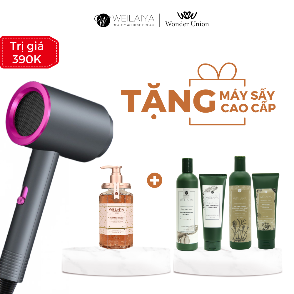  [TẶNG MÁY SẤY] Combo 1 chai sữa tắm cánh hoa hồng Damask 450ml + 1 cặp dầu gội xả gừng trắng + 1 cặp dầu gội xả gừng Hà Thủ Ô Weilaiya 