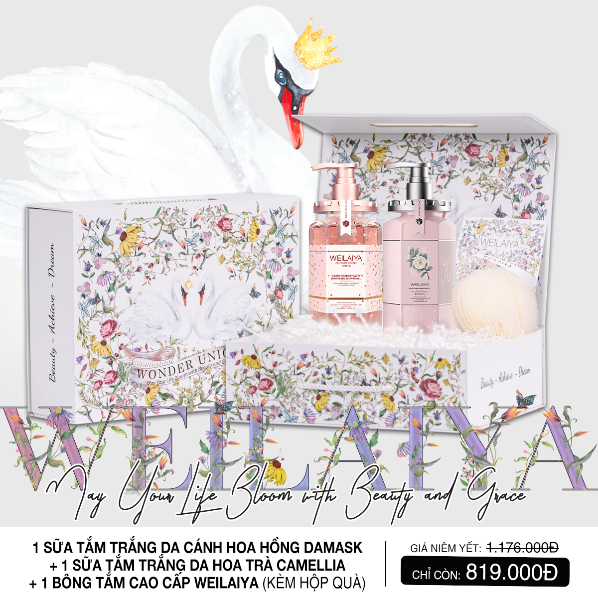 Hộp quà thiên nga 1 sữa tắm hoa hồng + sữa tắm hoa trà + Bông tắm