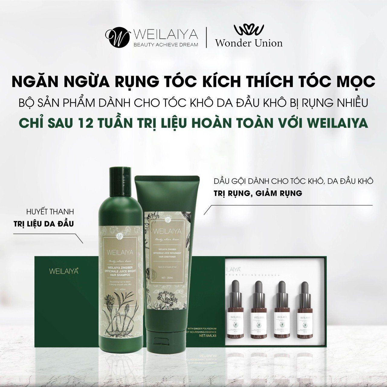 Combo giảm rụng tóc và kích thích mọc tóc Weilaiya (dành cho da đầu thường đến khô)