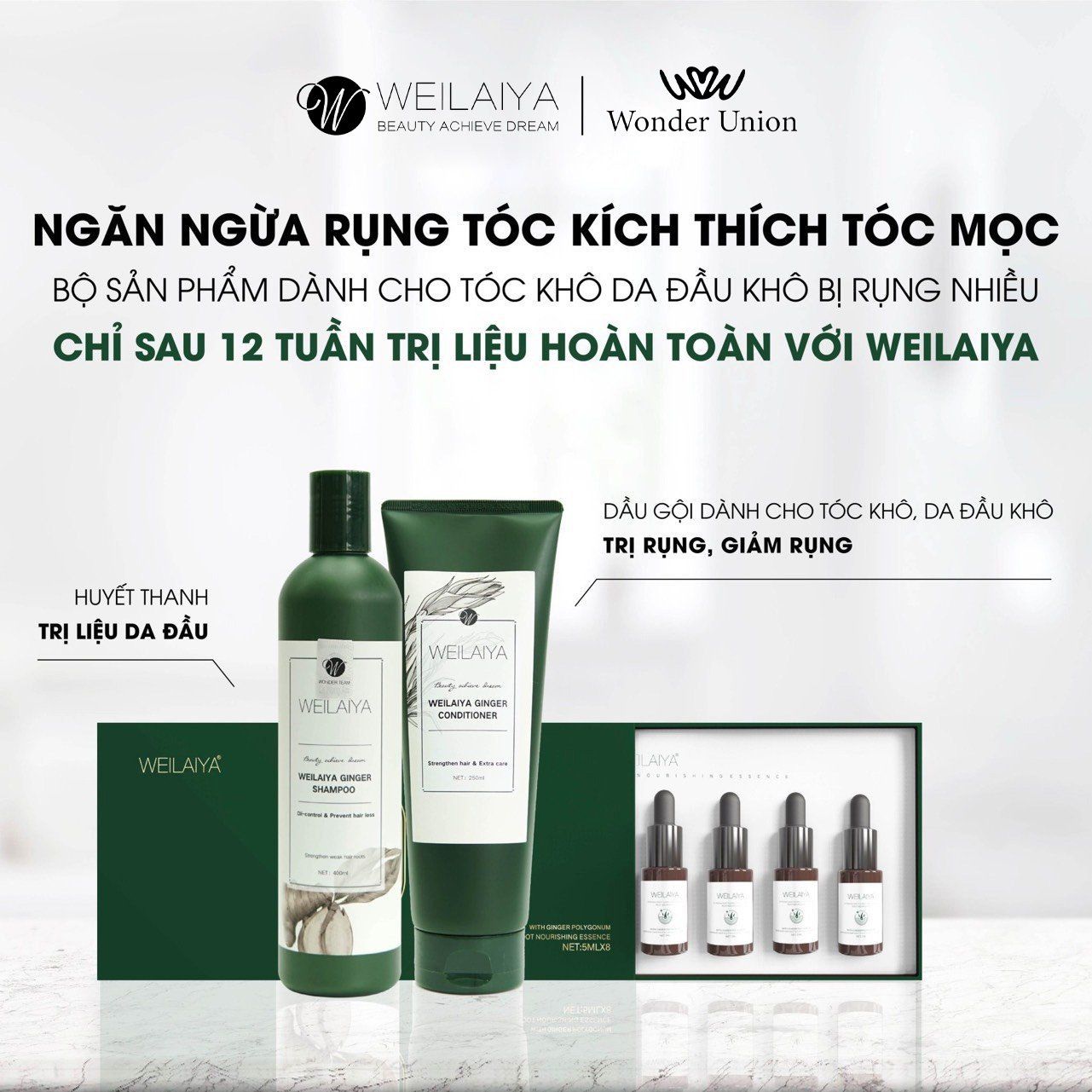 Combo giảm rụng tóc và kích thích mọc tóc Weilaiya (dành cho tóc dầu bết)
