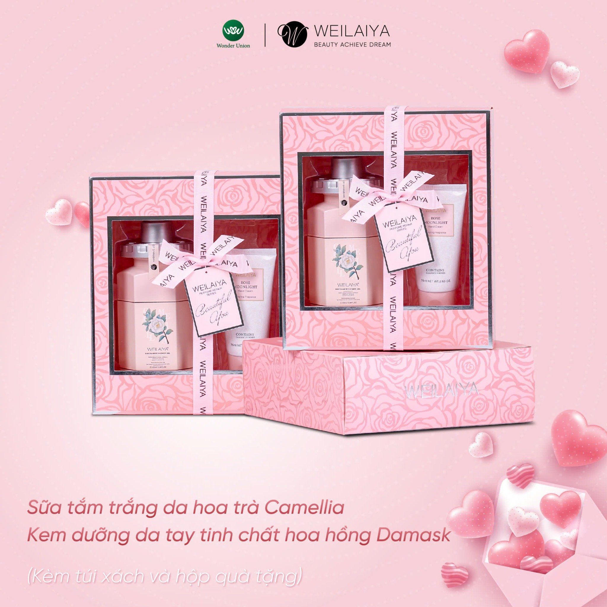 Hộp quà PINK ROSE 1 sữa tắm hoa trà + Kem tay