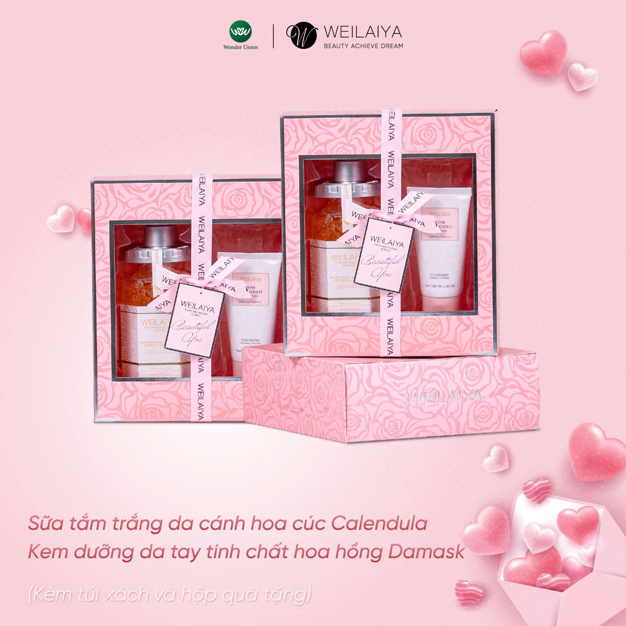 Hộp quà PINK ROSE 1 sữa tắm hoa cúc + Kem tay