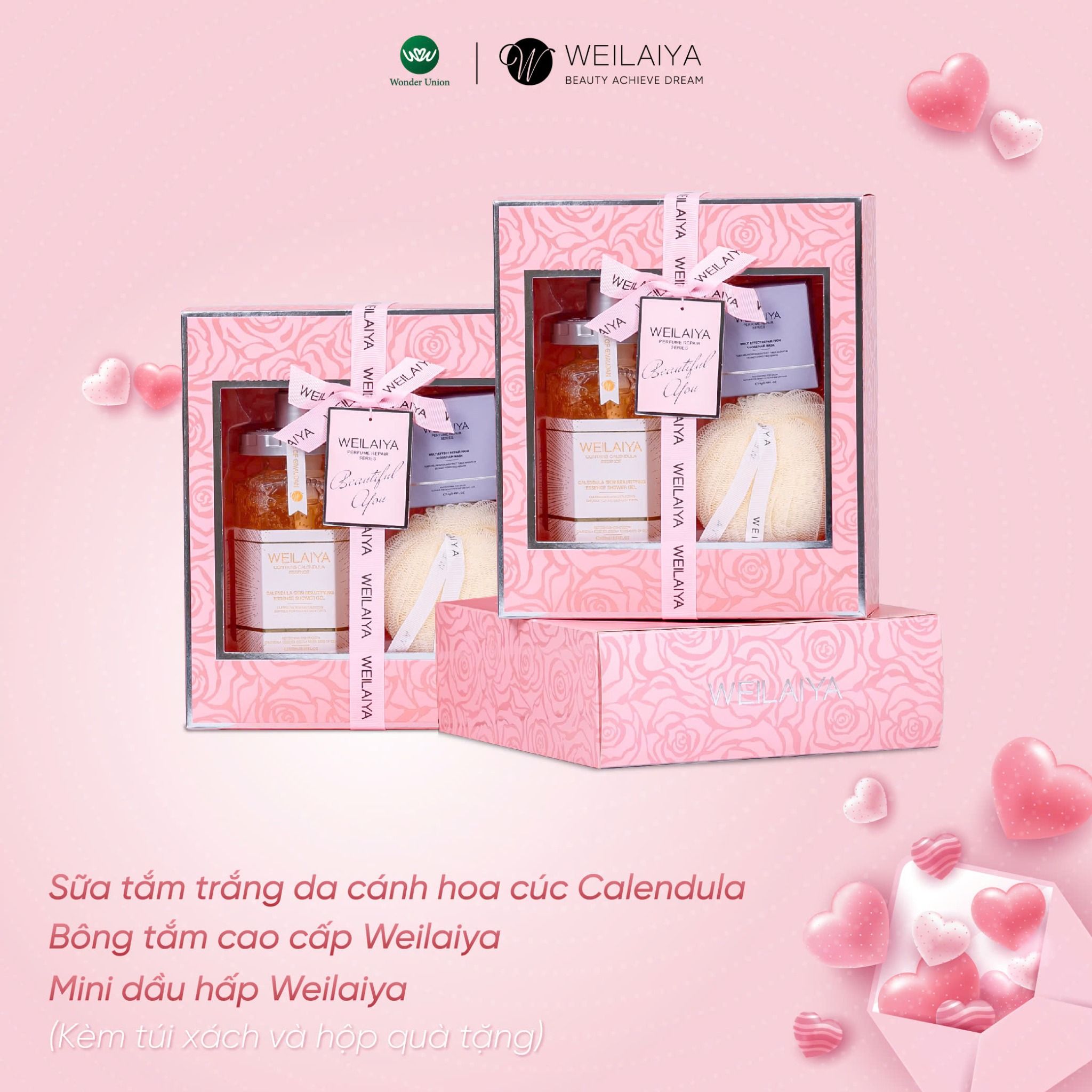 Hộp quà PINK ROSE 1 sữa tắm hoa cúc + mini dầu hấp + Bông tắm