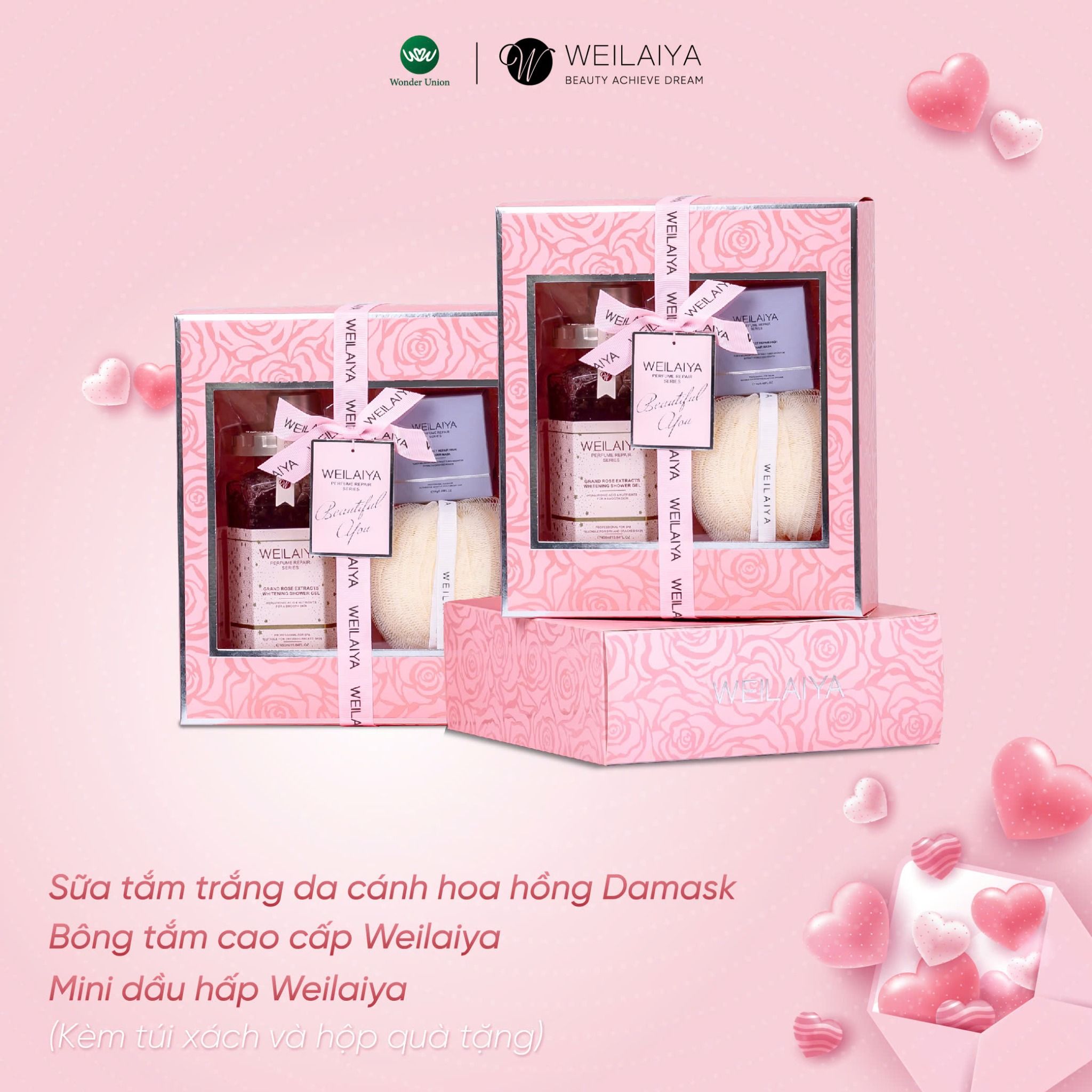 Hộp quà PINK ROSE 1 sữa tắm hoa hồng + mini dầu hấp + Bông tắm