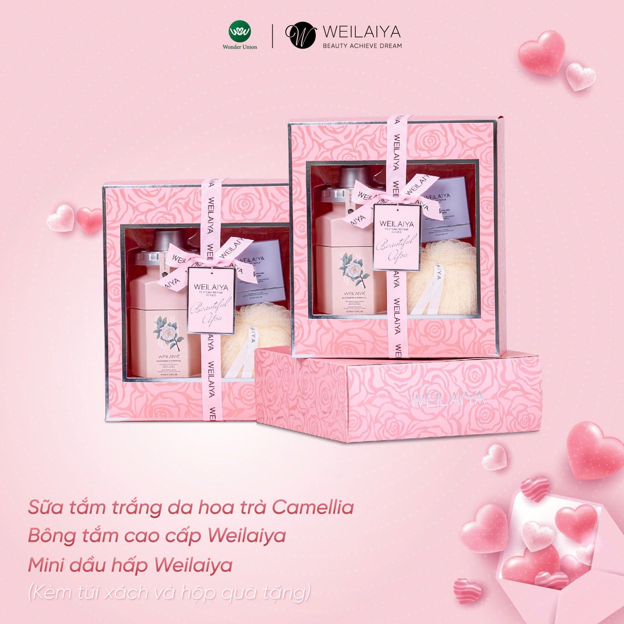 Hộp quà PINK ROSE 1 sữa tắm hoa trà + mini dầu hấp + Bông tắm