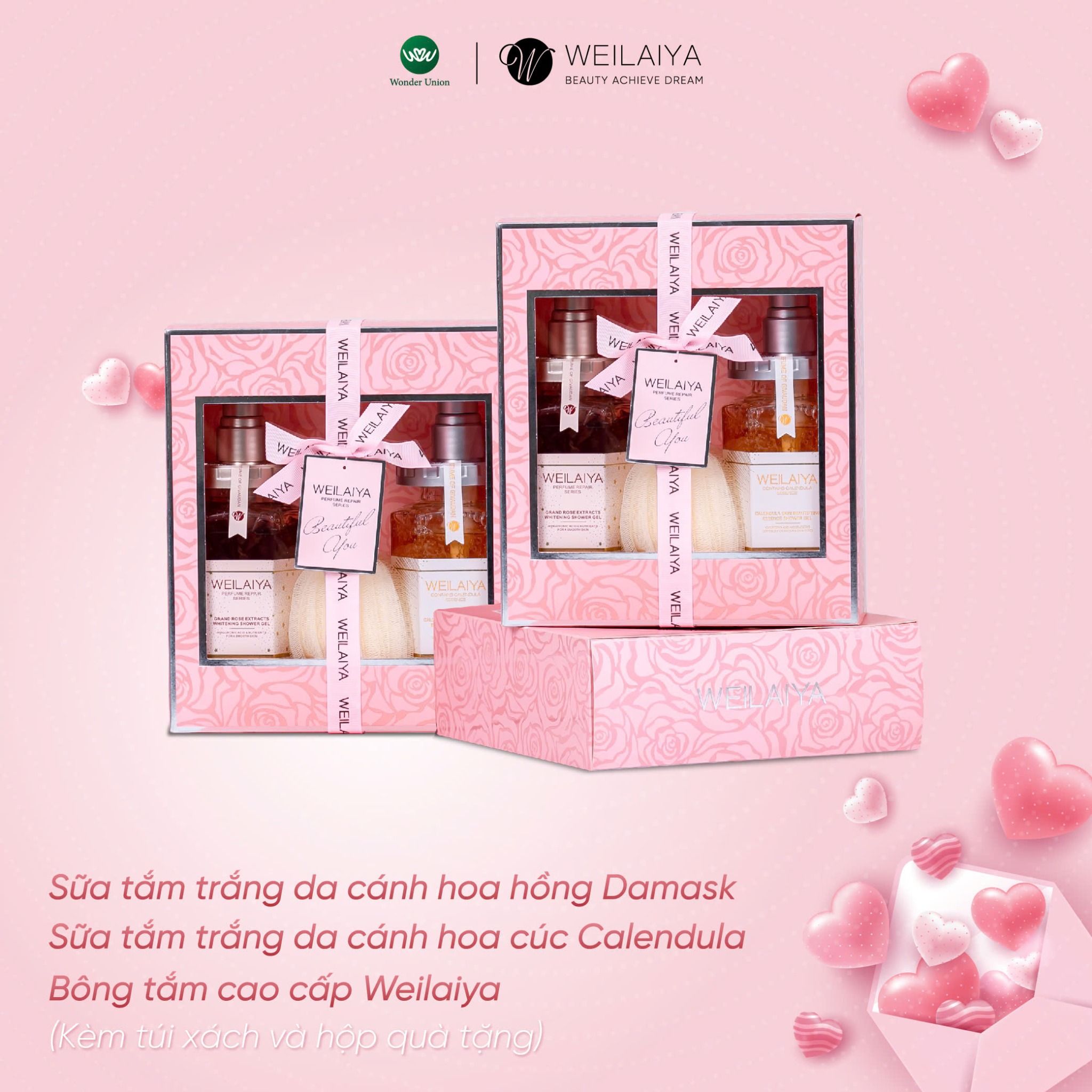 Hộp quà PINK ROSE 1 sữa tắm hoa cúc + sữa tắm hoa hồng + Bông tắm