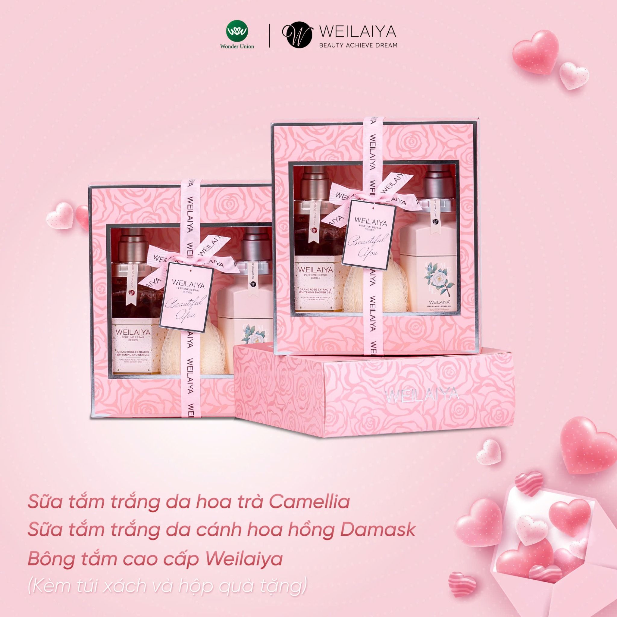 Hộp quà PINK ROSE 1 sữa tắm hoa hồng + sữa tắm hoa trà + Bông tắm