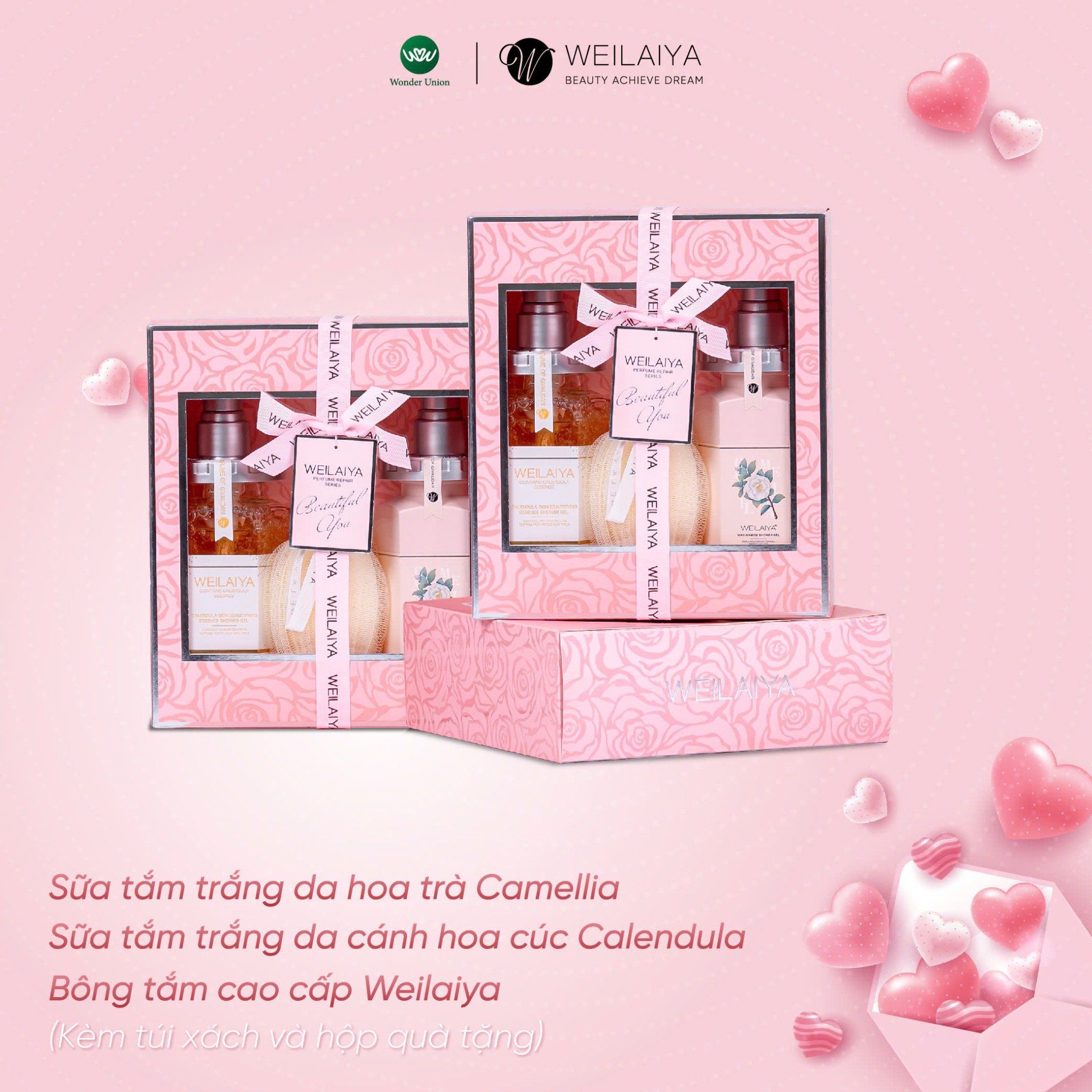 Hộp quà PINK ROSE 1 sữa tắm hoa cúc + sữa tắm hoa trà + Bông tắm