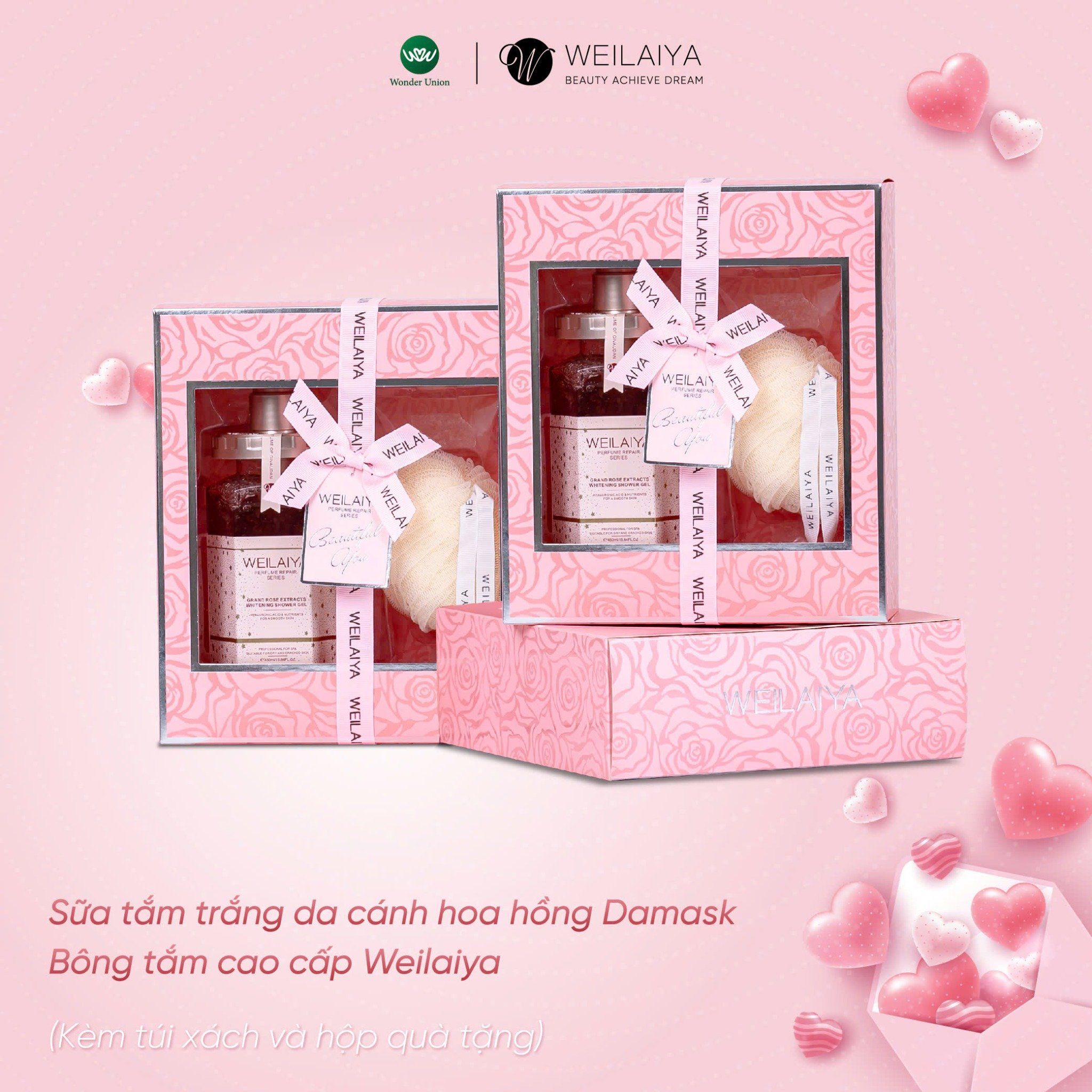 Hộp quà PINK ROSE 1 sữa tắm hoa hồng Damask + Bông tắm