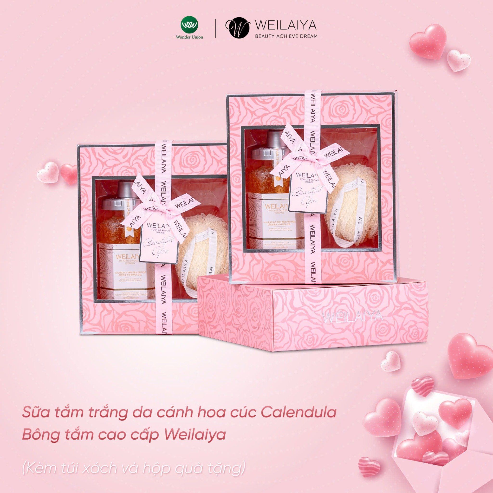 Hộp quà PINK ROSE 1 sữa tắm hoa cúc Calendula + Bông tắm