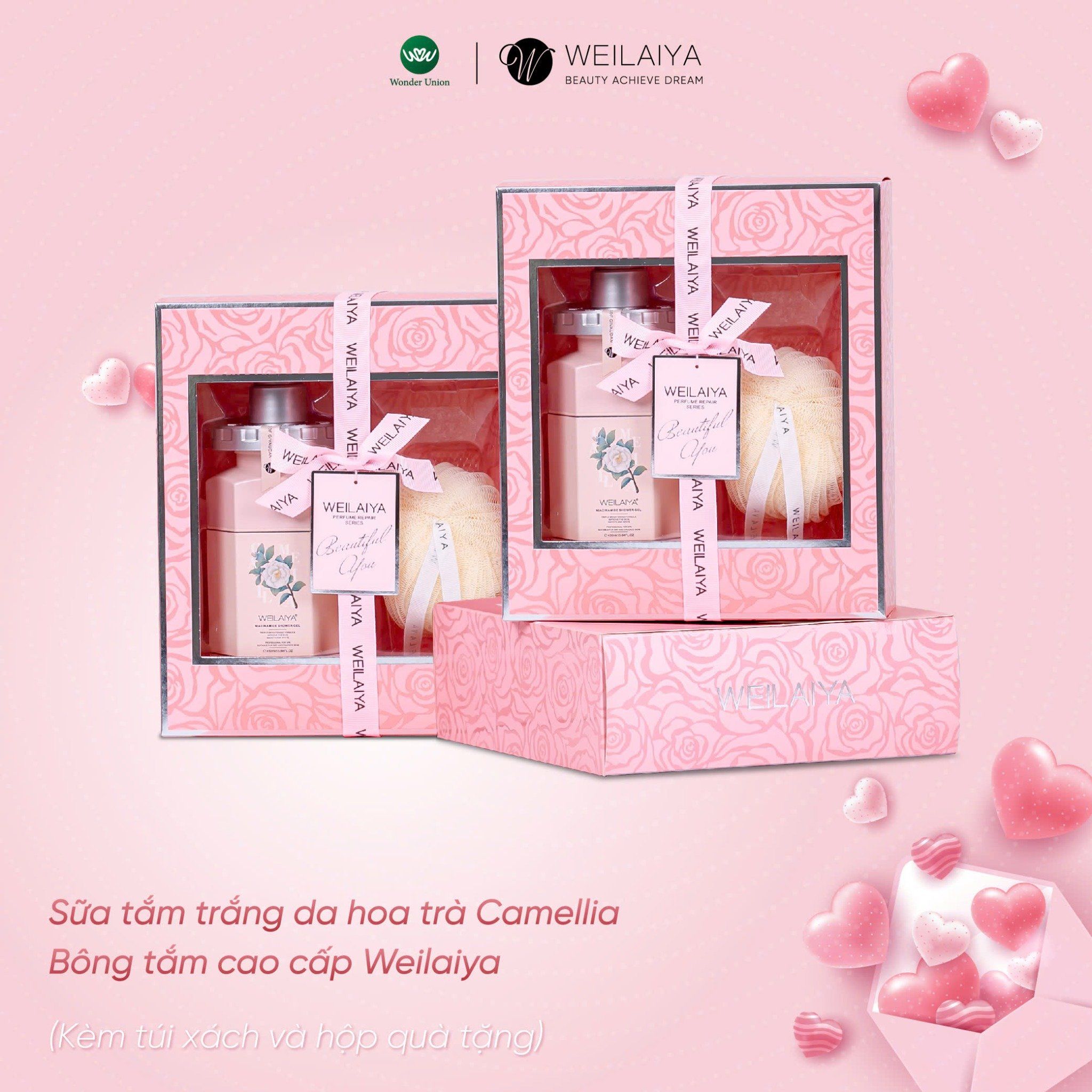 Hộp quà PINK ROSE 1 sữa tắm hoa trà Camellia + Bông tắm