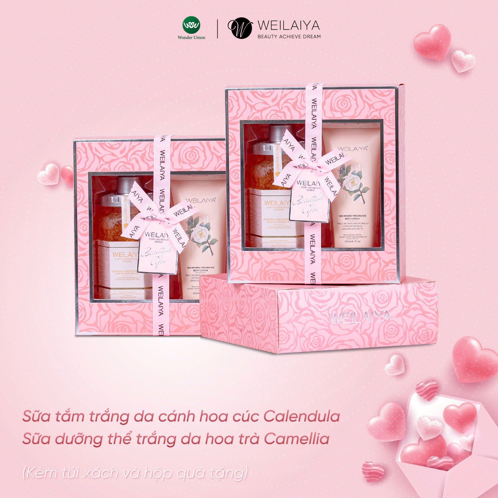 Hộp quà PINK ROSE 1 sữa tắm hoa cúc Calendula + Body lotion
