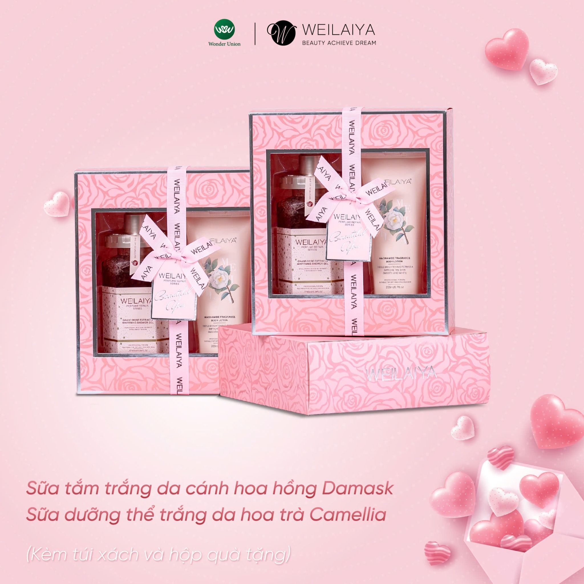 Hộp quà PINK ROSE 1 sữa tắm hoa hồng Damask + Body lotion