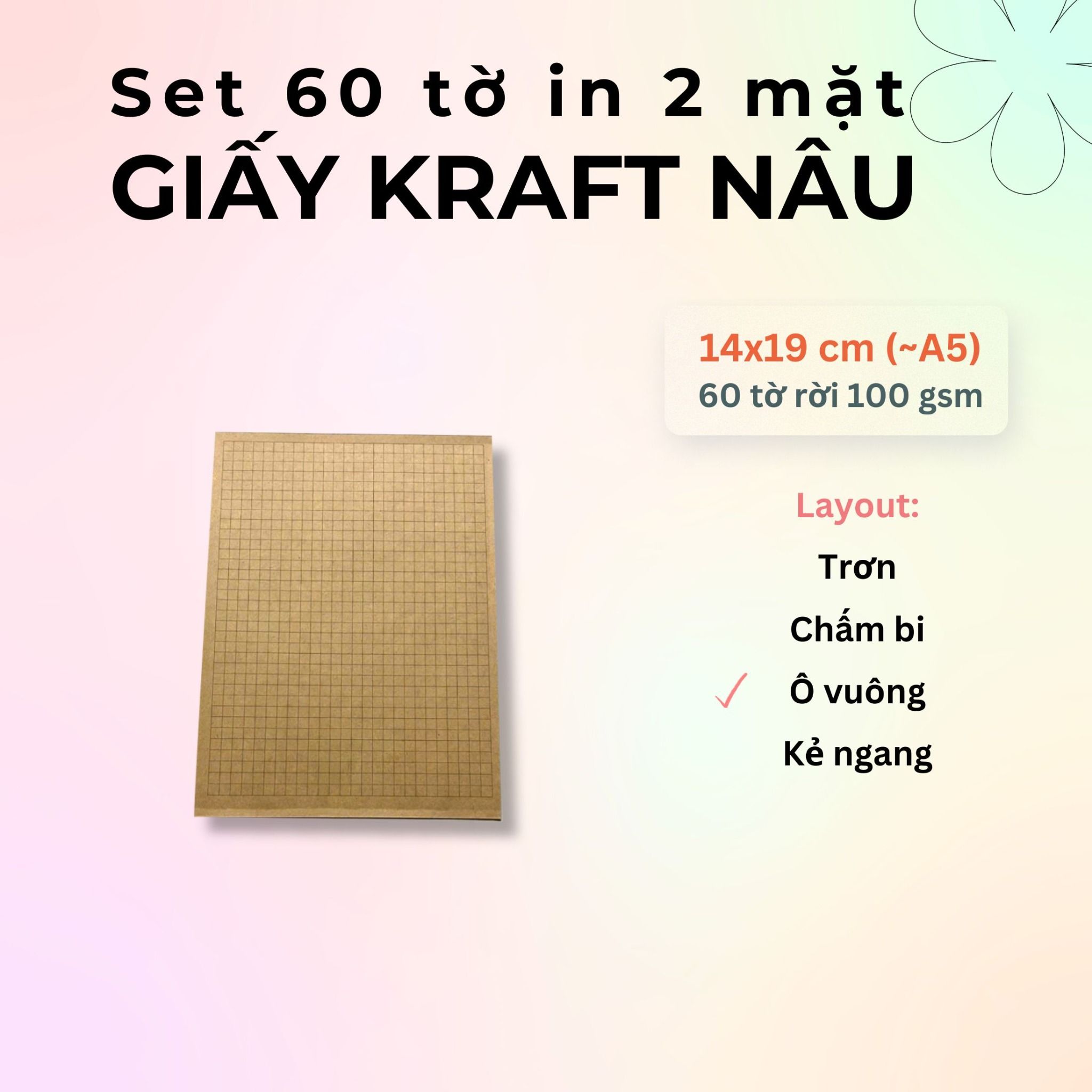60 tờ giấy kraft 100 gsm (có thể refill Sổ Còng) 14x19 cm (xấp xỉ A5)
