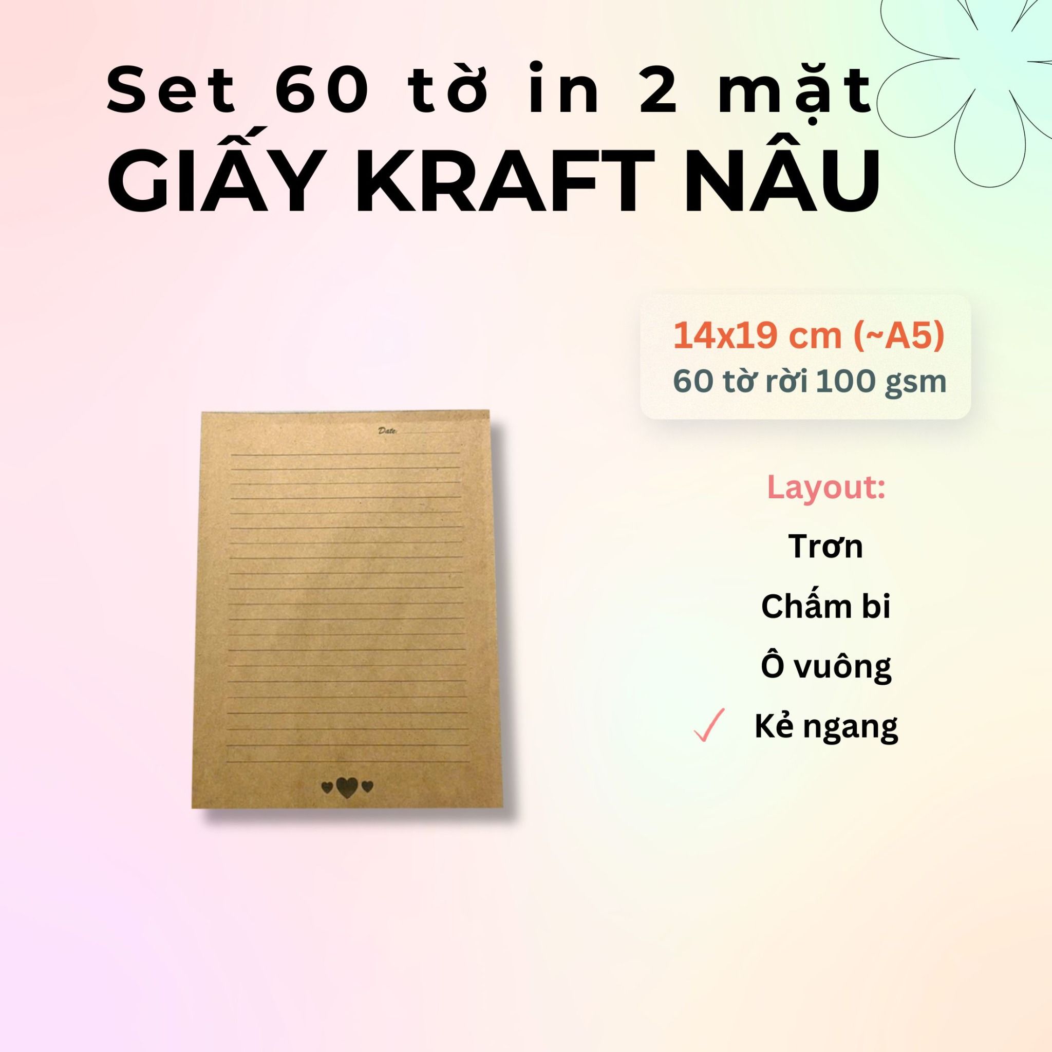 60 tờ giấy kraft 100 gsm (có thể refill Sổ Còng) 14x19 cm (xấp xỉ A5)