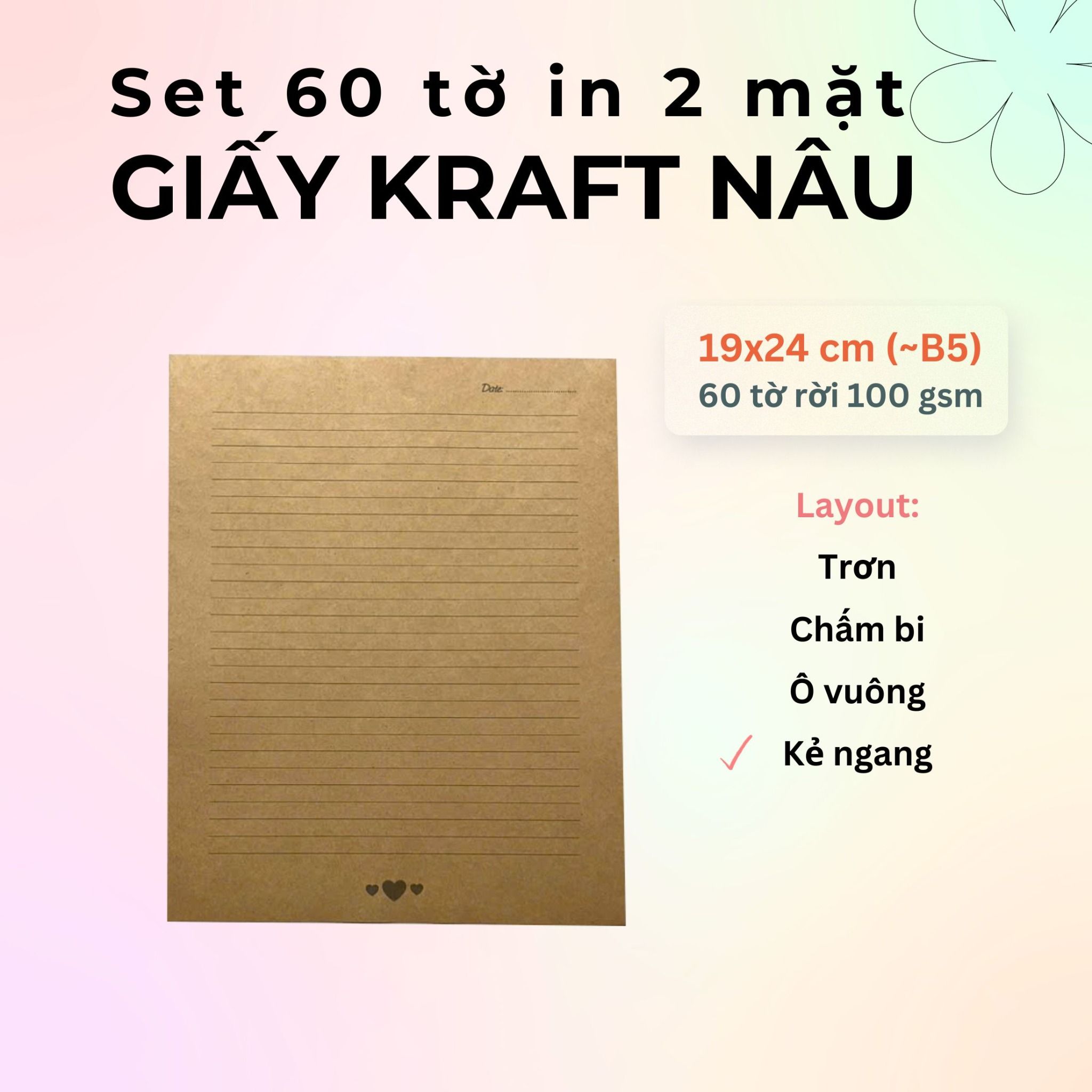 60 tờ giấy kraft 100 gsm (có thể refill Sổ Còng) 19x24 cm (xấp xỉ B5)