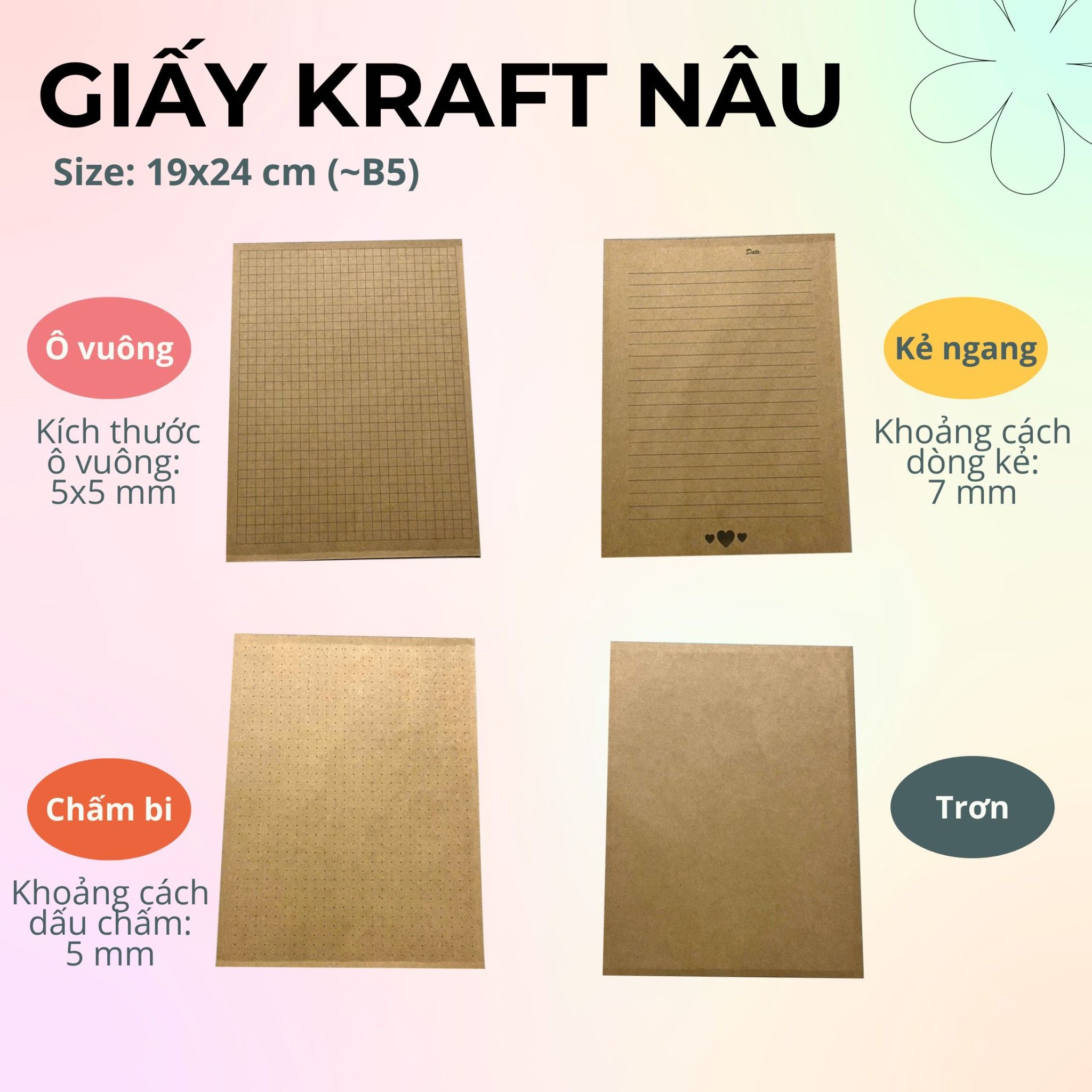 60 tờ giấy kraft 100 gsm (có thể refill Sổ Còng) 19x24 cm (xấp xỉ B5)