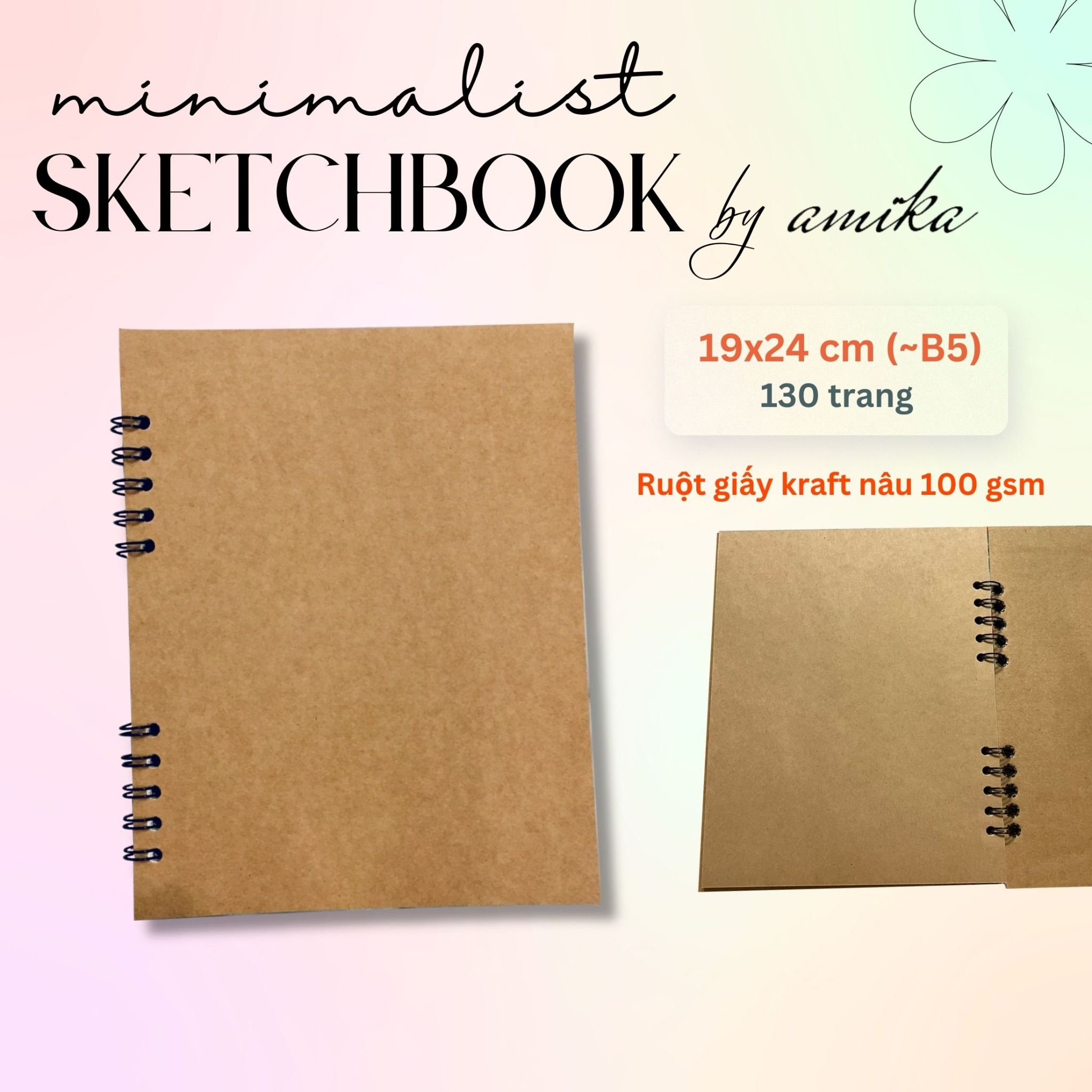 Sổ lò xo Sketchbook - ruột giấy kraft - Bìa trơn