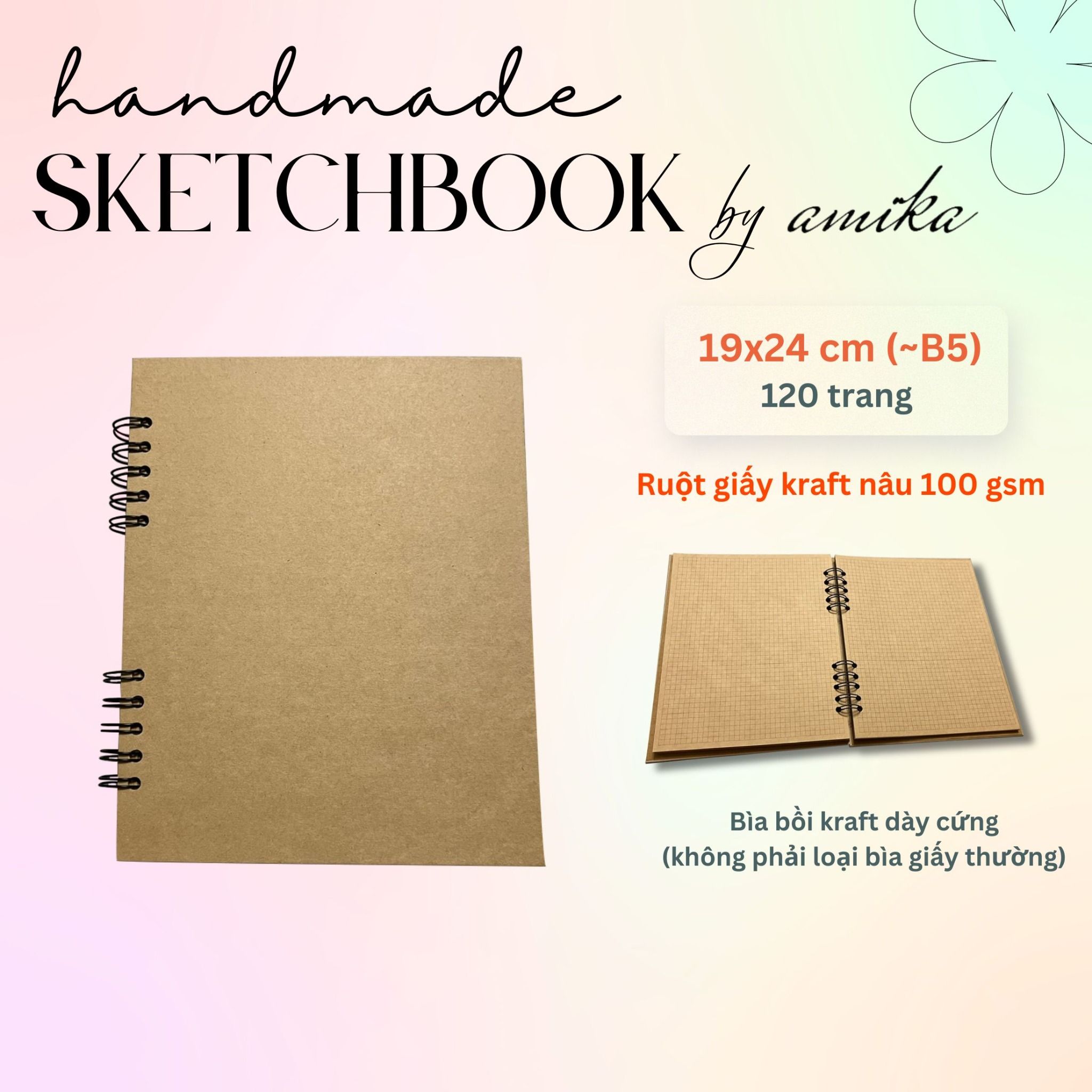 Sổ lò xo Handmade Sketchbook - ruột giấy kraft - Bìa bồi trơn