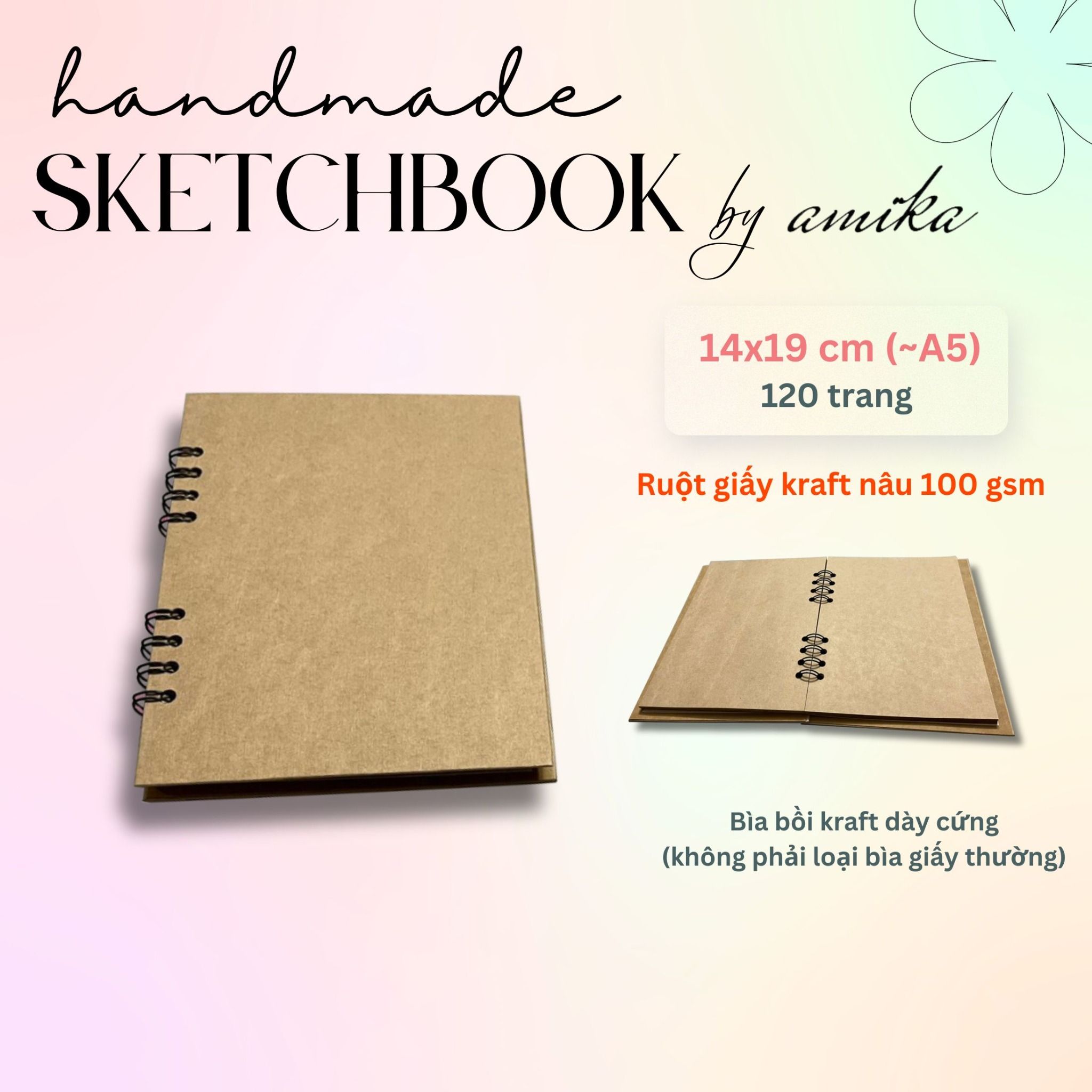 Sổ lò xo Handmade Sketchbook - ruột giấy kraft - Bìa bồi trơn