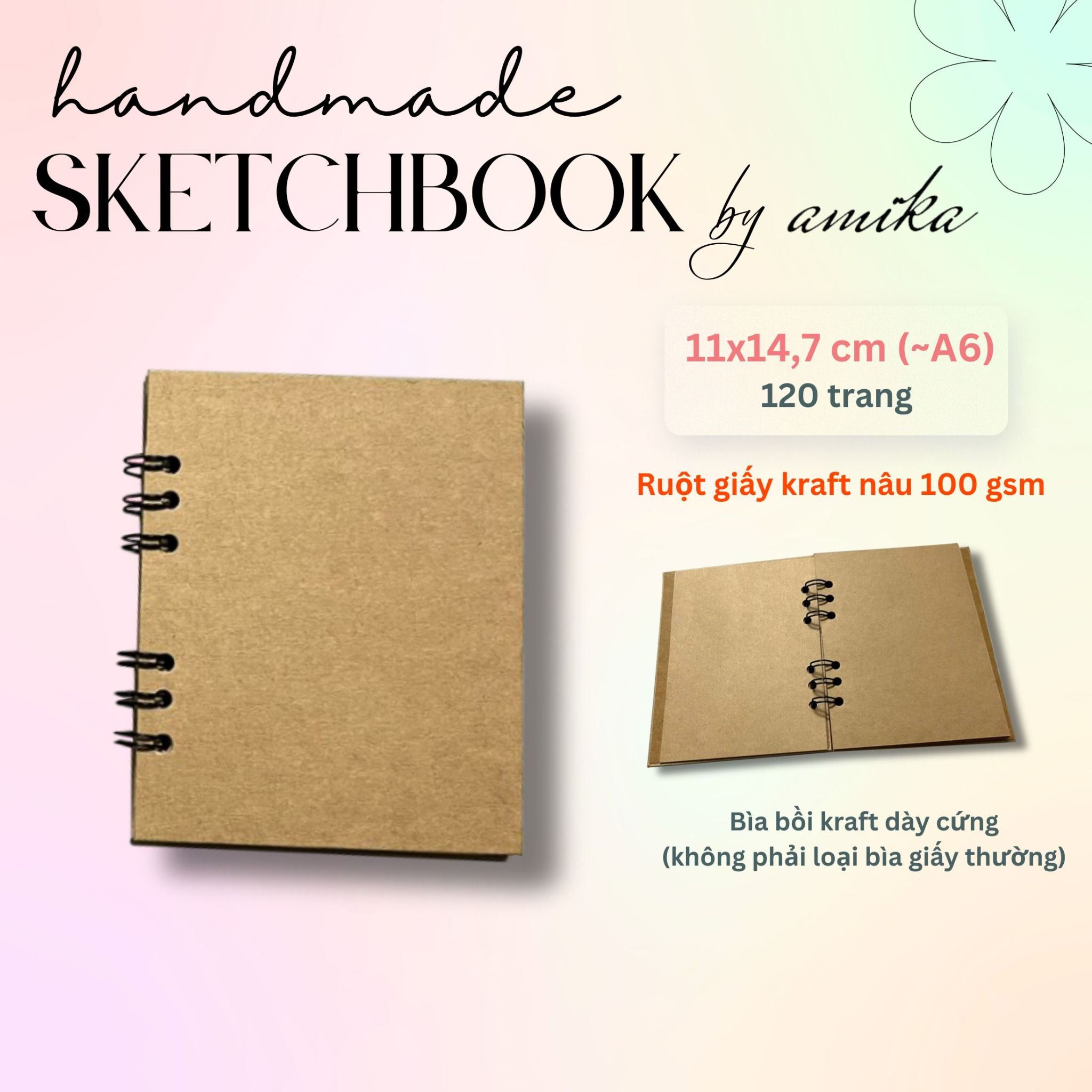 Sổ lò xo Handmade Sketchbook - ruột giấy kraft - Bìa bồi trơn