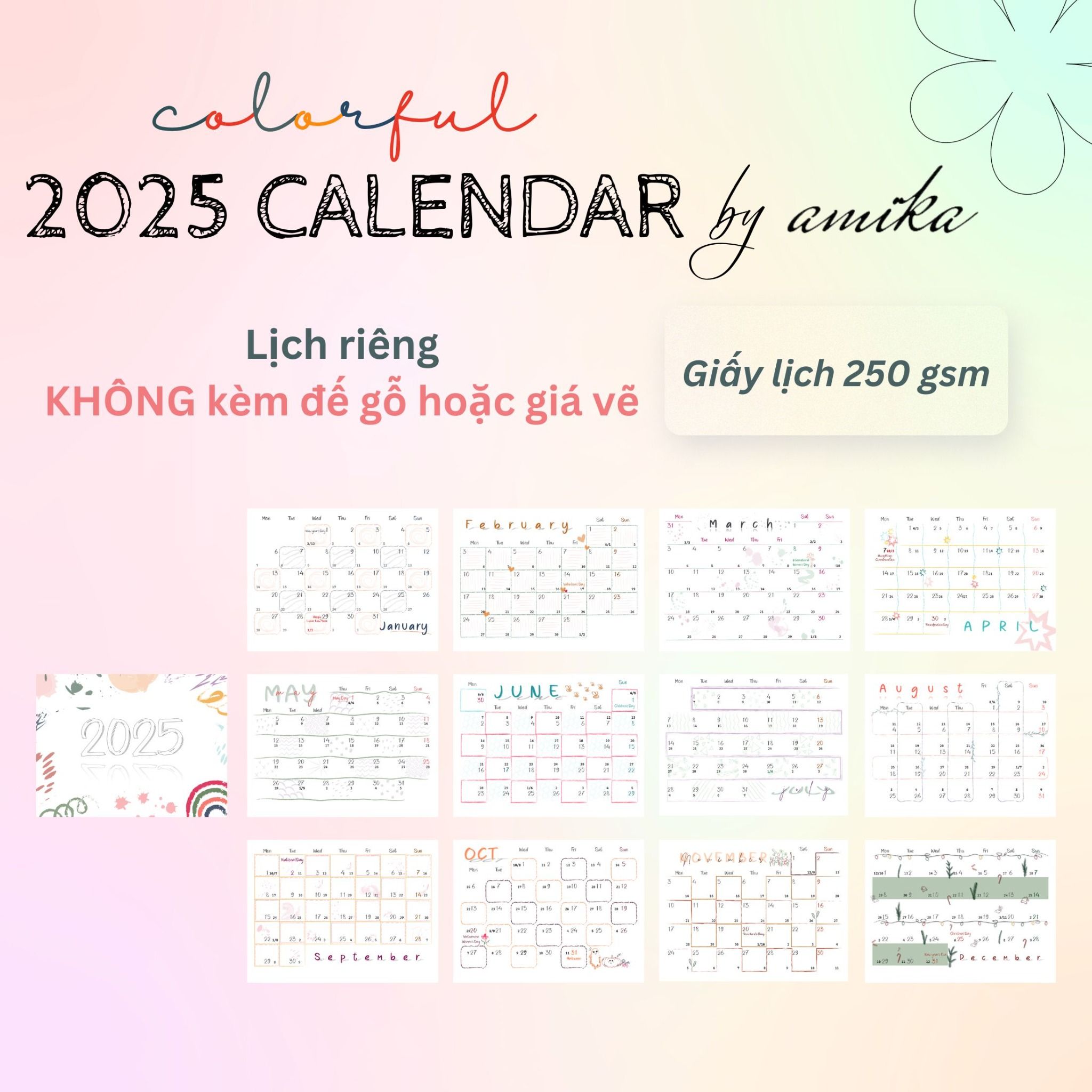 2025 Colorful Calendar by amika - Lịch để bàn thiết kế có âm lịch