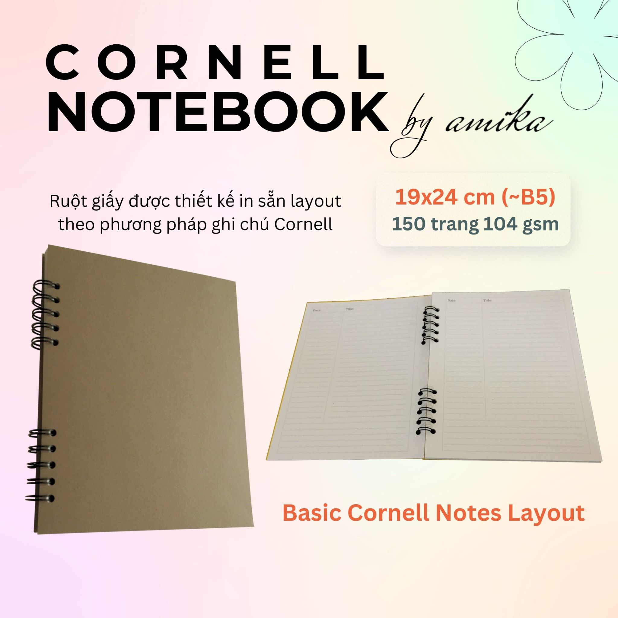 Sổ lò xo Basic Cornell 19x24 cm (xấp xỉ B5)